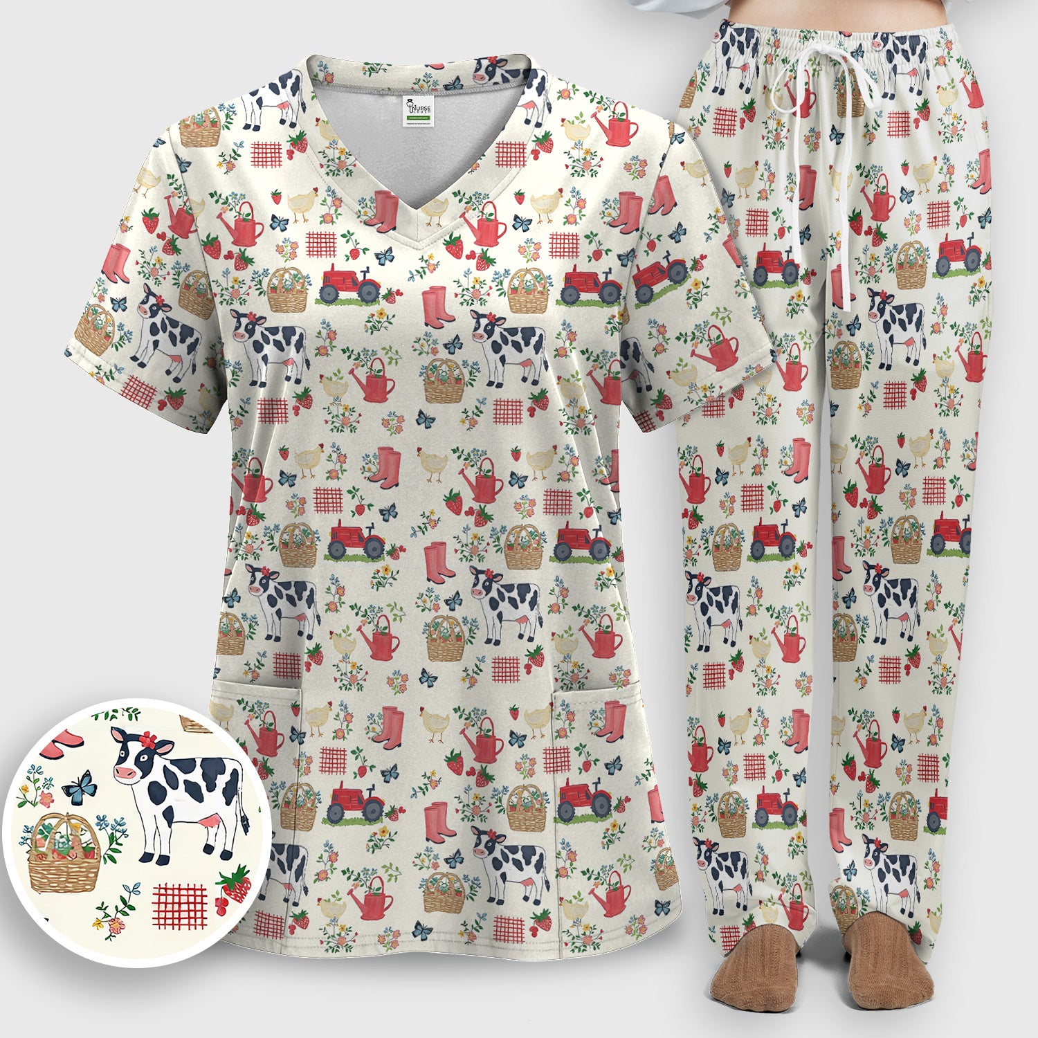 Cute Cow Chicken Farm Pattern Scrub Set, Women's Scrub Sets