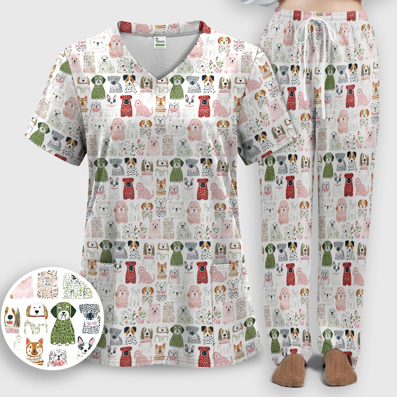 Cute Cartoon Dog Breeds Pattern Scrub Set, Breathable Med Uniform