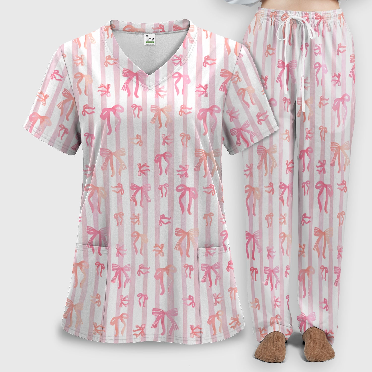 Pink Bow Stripe Pattern Print Scrub Set, Scrub Pants and V Neck Top