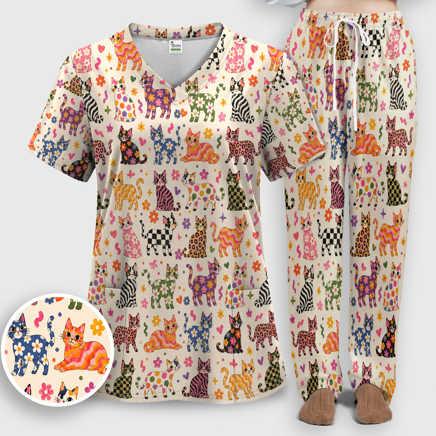 Colorful Cat with Floral Print Scrub Set, Scrub Pants and V Neck Top