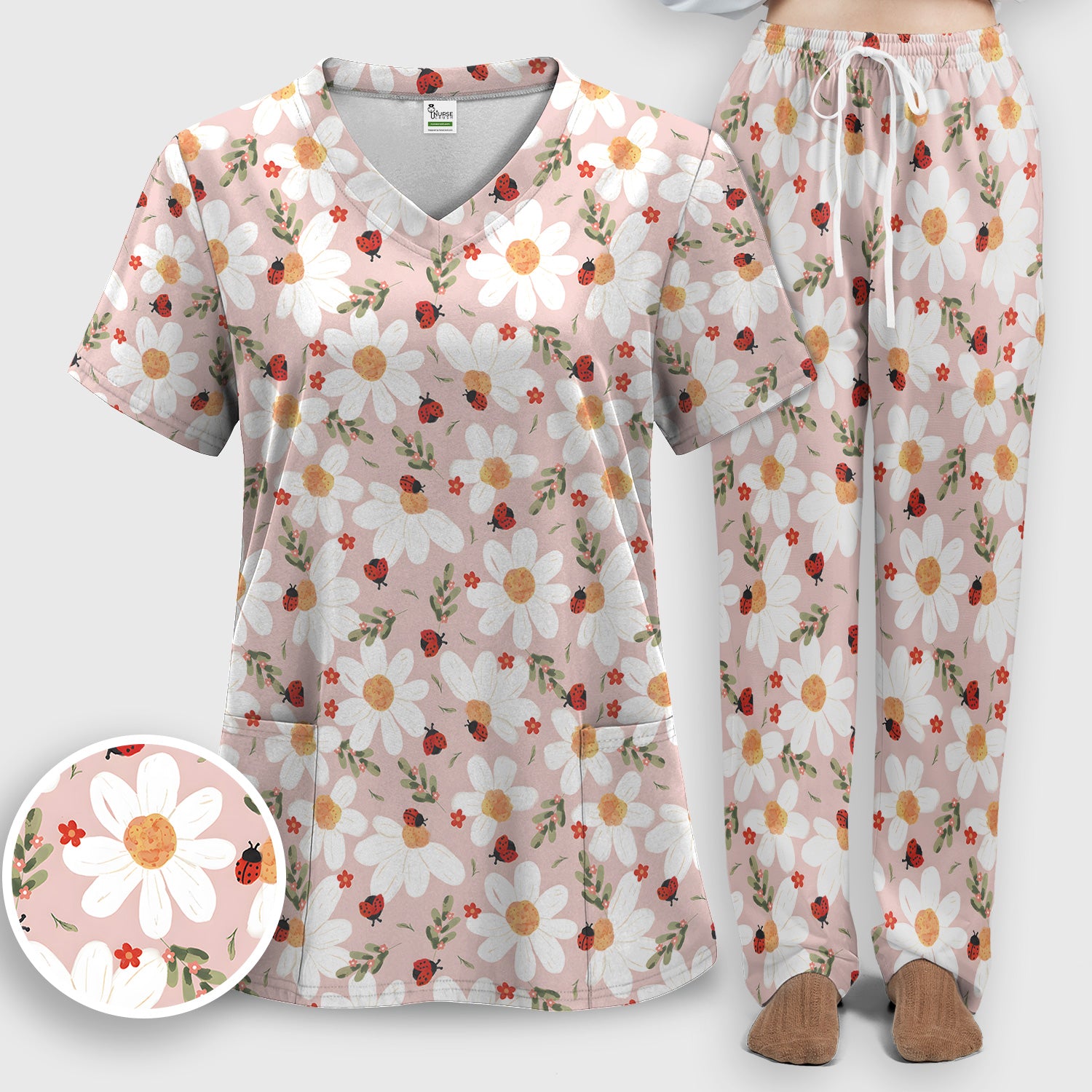 Daisy Ladybug Garden Blossom Pattern Scrub Set, Scrub Pants and V Neck Top