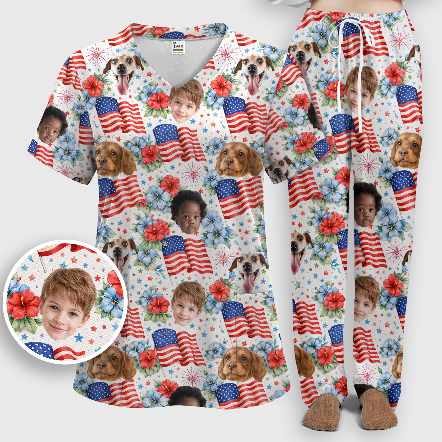 Custom Photo Patriotic Kids & Pet Faces Flag Nurse Scrub Set, Scrub Pants and V Neck Top