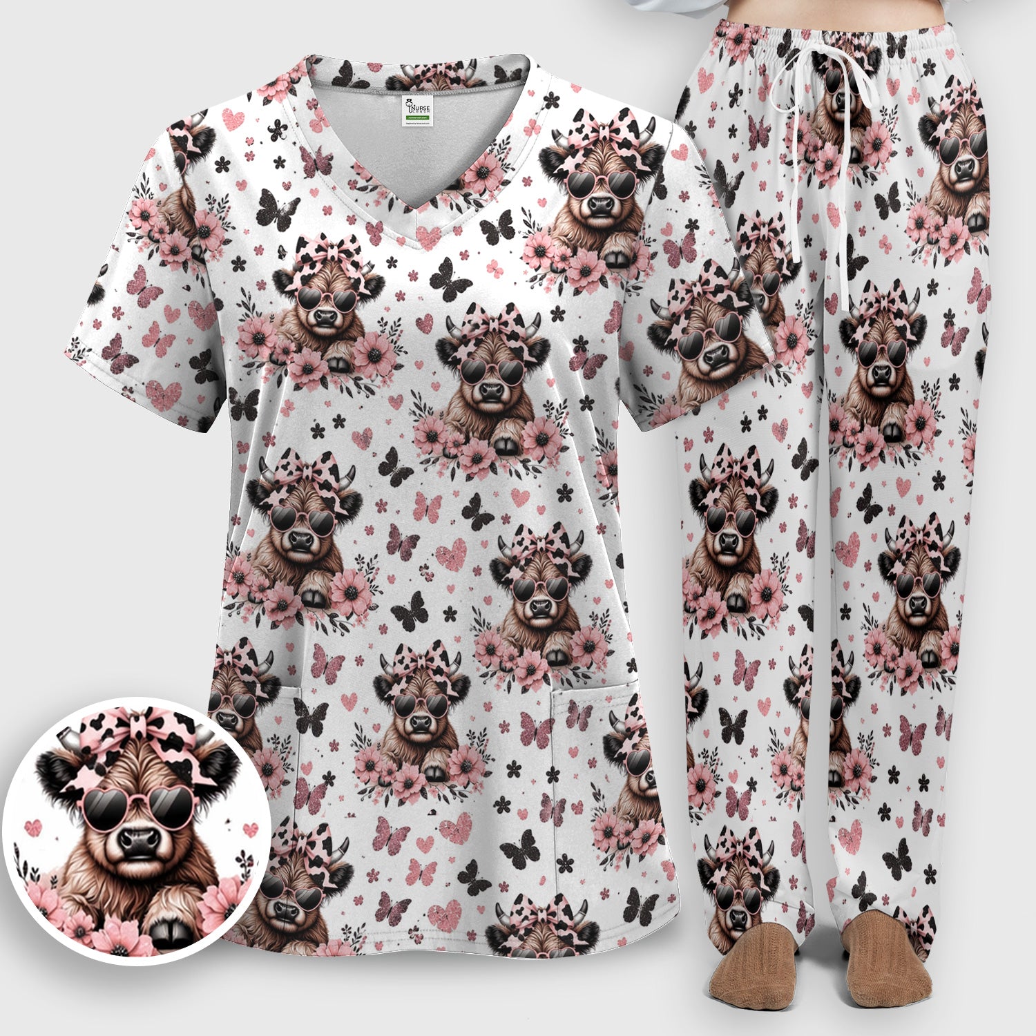 Cute Cow With Heart Sunglasses Pattern Scrub Set, Scrub Pants and V Neck Top