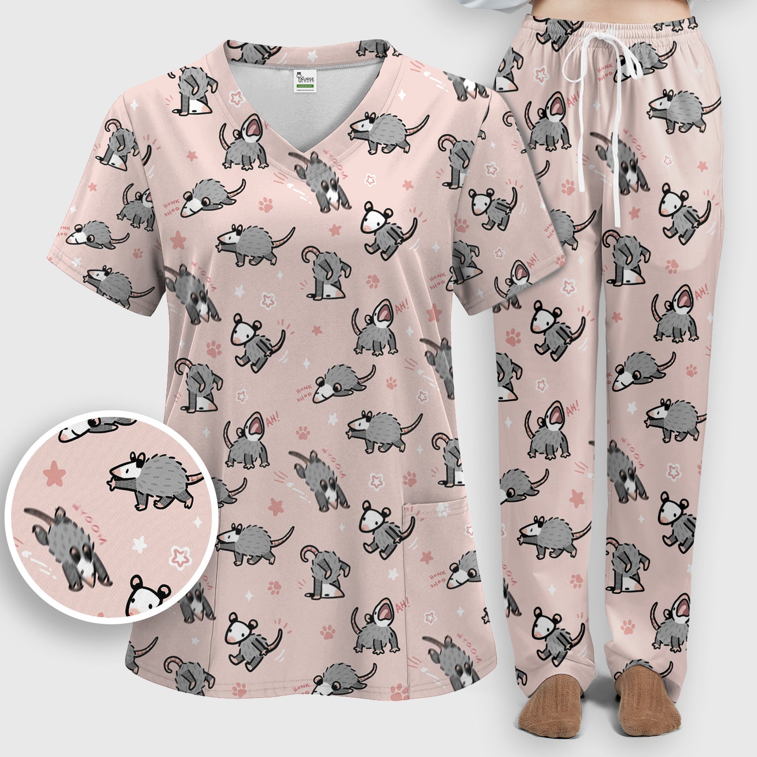 Playful Cartoon Opossum Character Pattern Scrub Set, Women's Scrub Sets