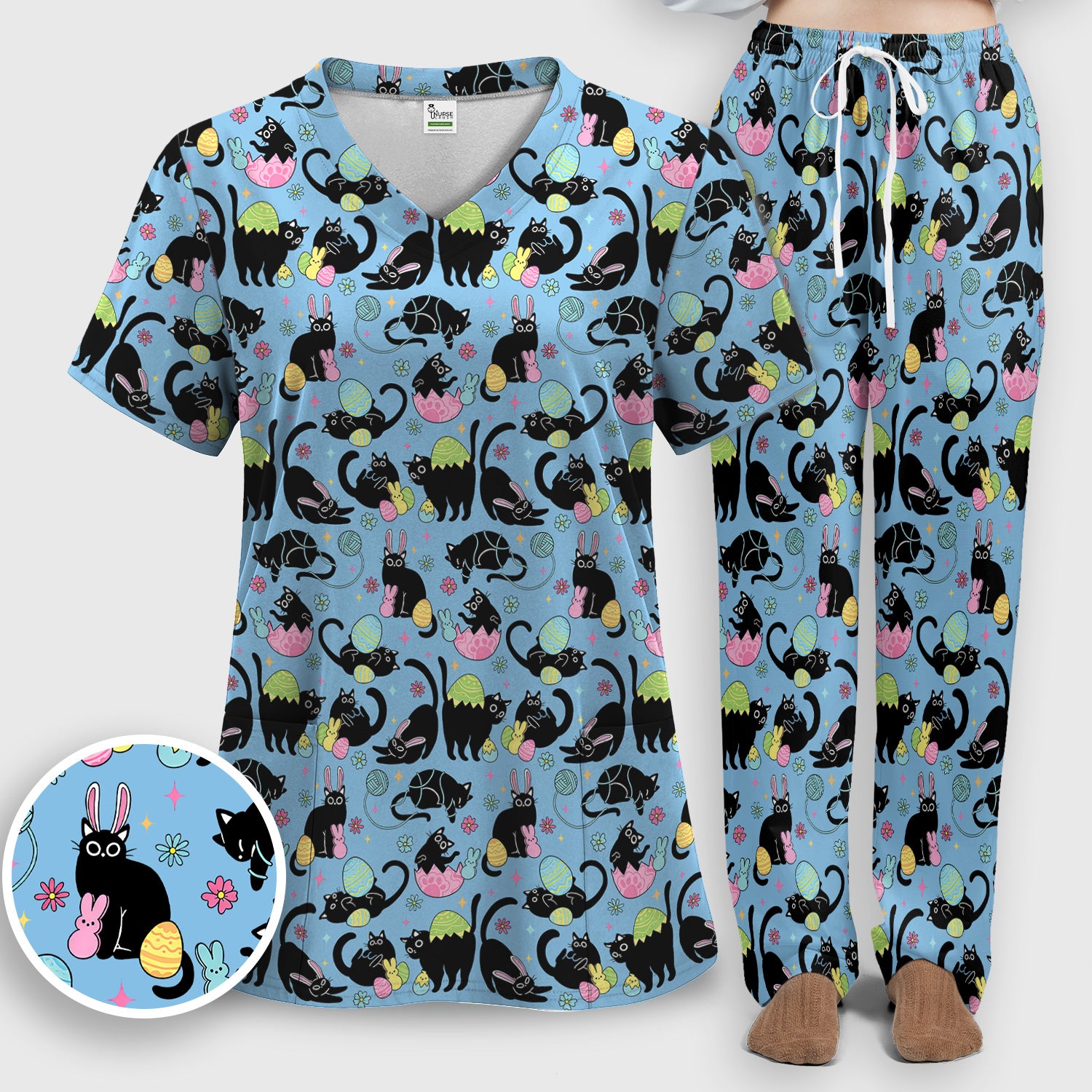 Funny Easter Black Cat Egg Pattern Scrub Set, Scrub Pants and V Neck Top