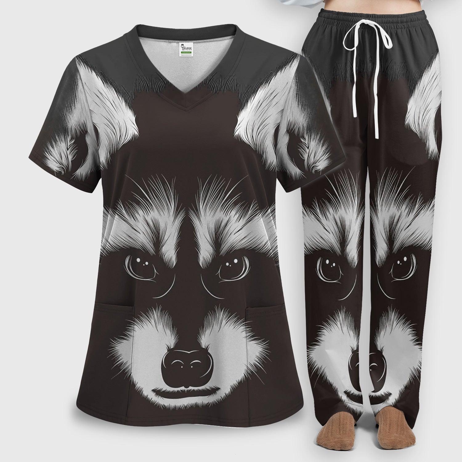 Black White Raccoon Face Pattern Scrub Set, Scrub Pants and V Neck Top