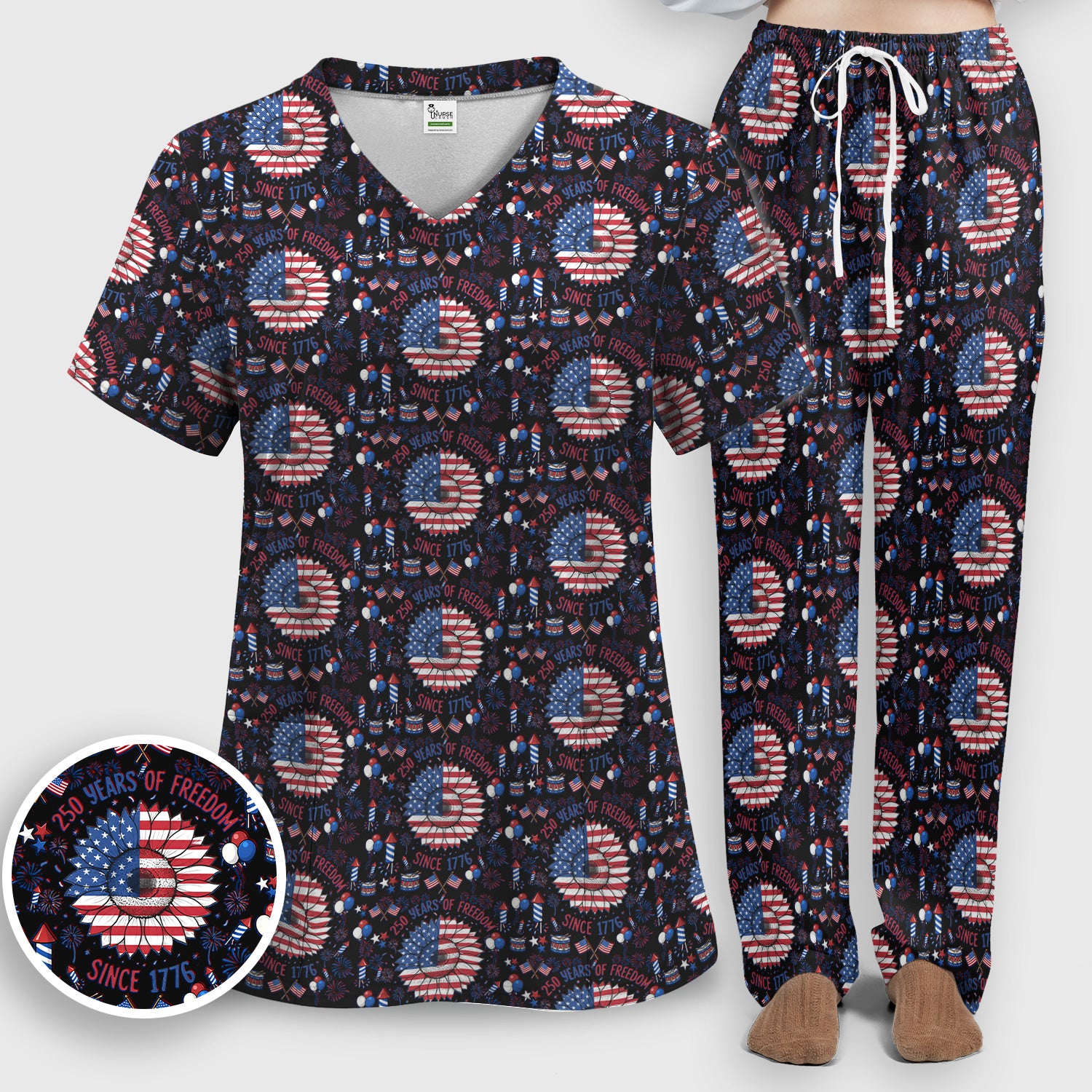 Festive Patriotic Sunflower American Flag Fireworks Pattern Scrub Set, Breathable Med Uniform