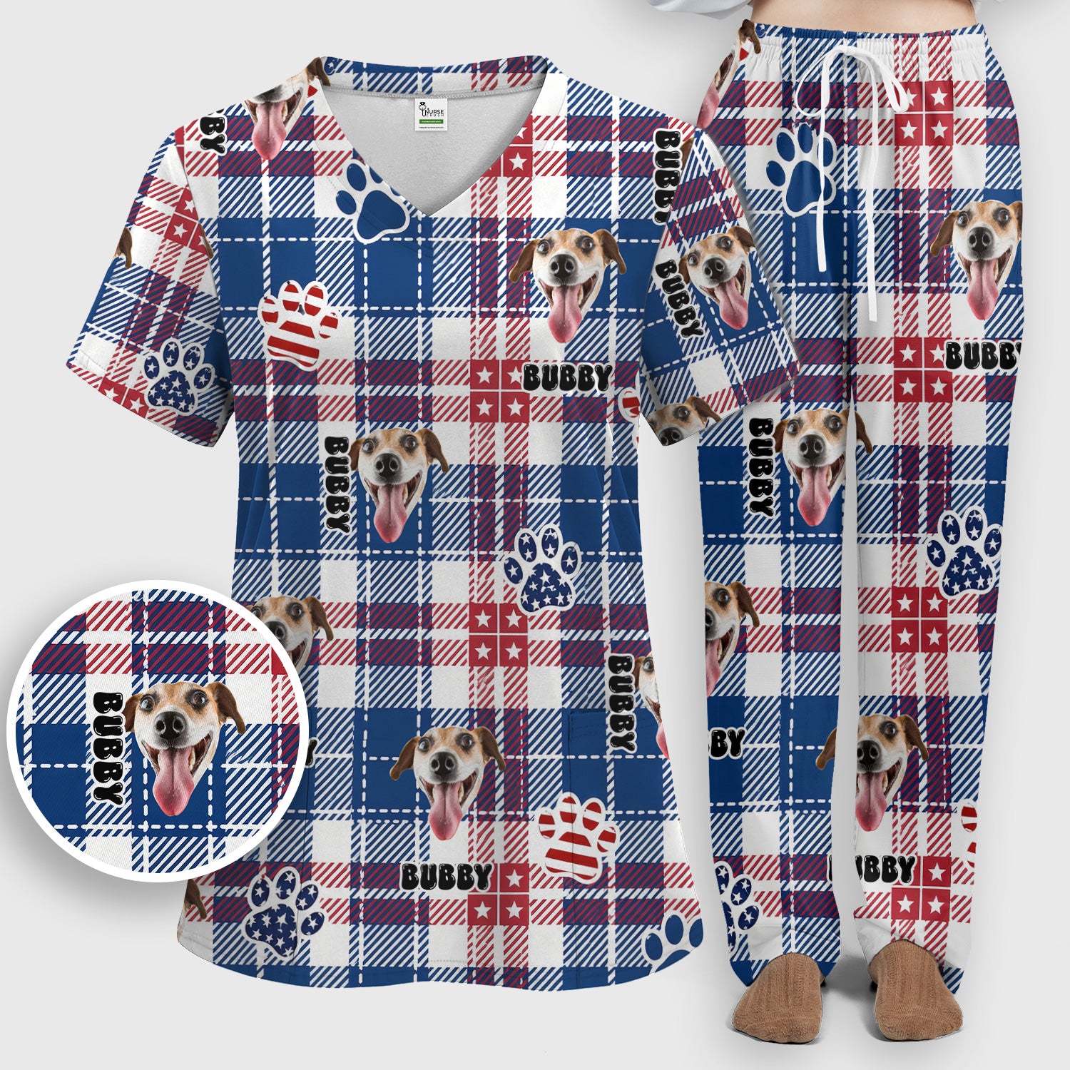 Custom Dog Face Scrub Set, Patriotic Dog Plaid Pattern Shirt, Scrub Pants and V Neck Top