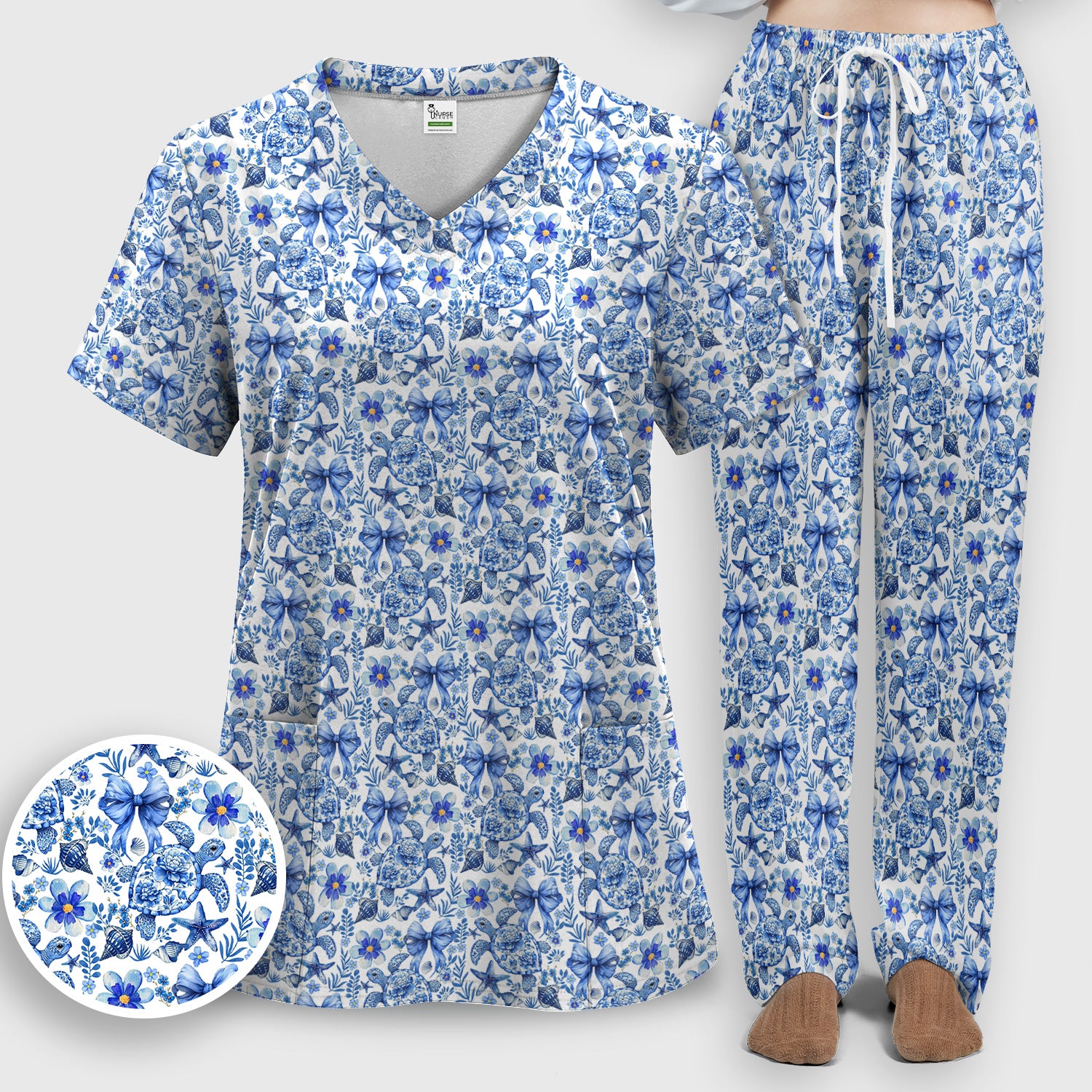 Cute Coastal Turtle Bow Pattern Scrub Set, Scrub Pants and V Neck Top