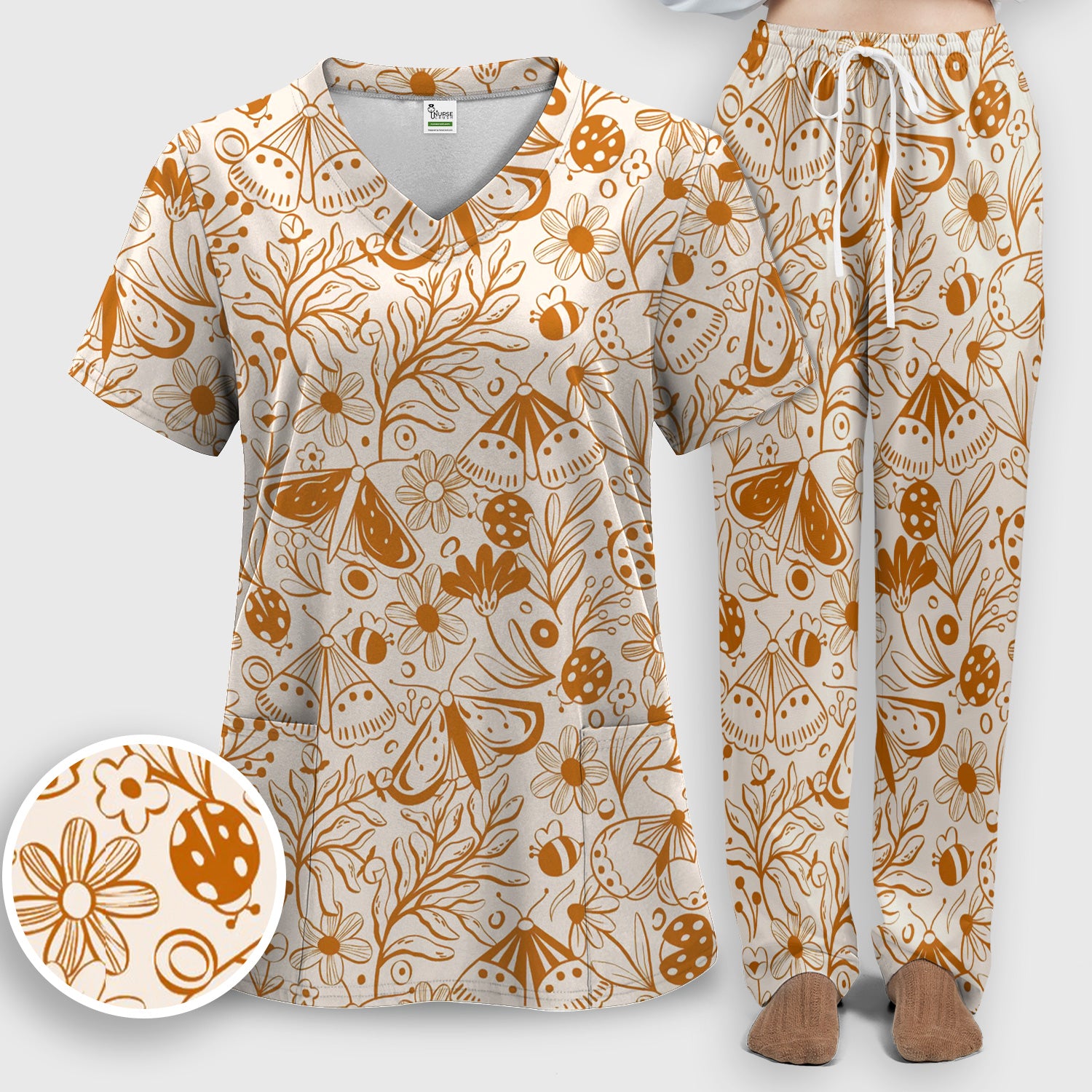 Butterfly Ladybug Floral Garden Pattern Scrub Set, Scrub Pants and V Neck Top
