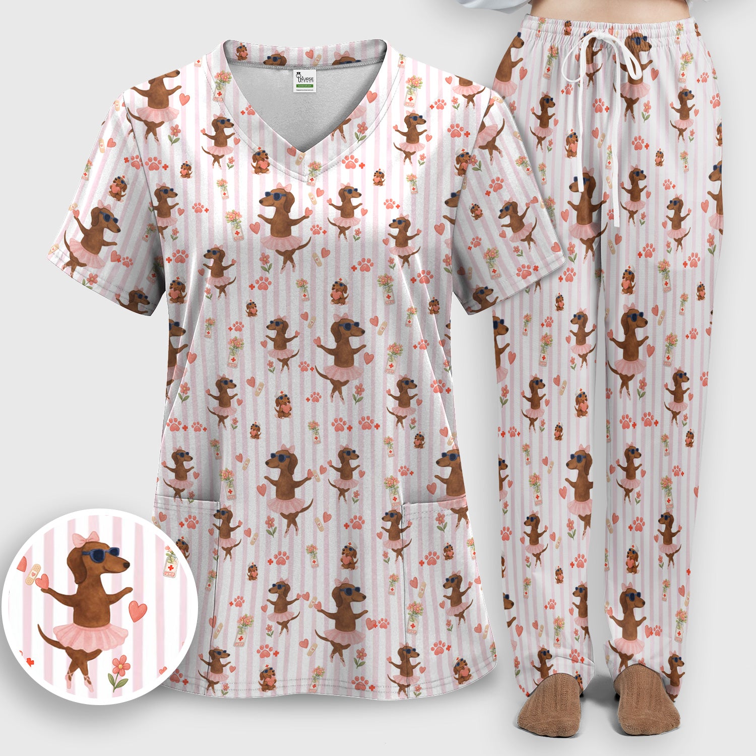 Cute Dachshund Dog Ballet Tutu Hearts Pattern Scrub Set, Scrub Pants and V Neck Top