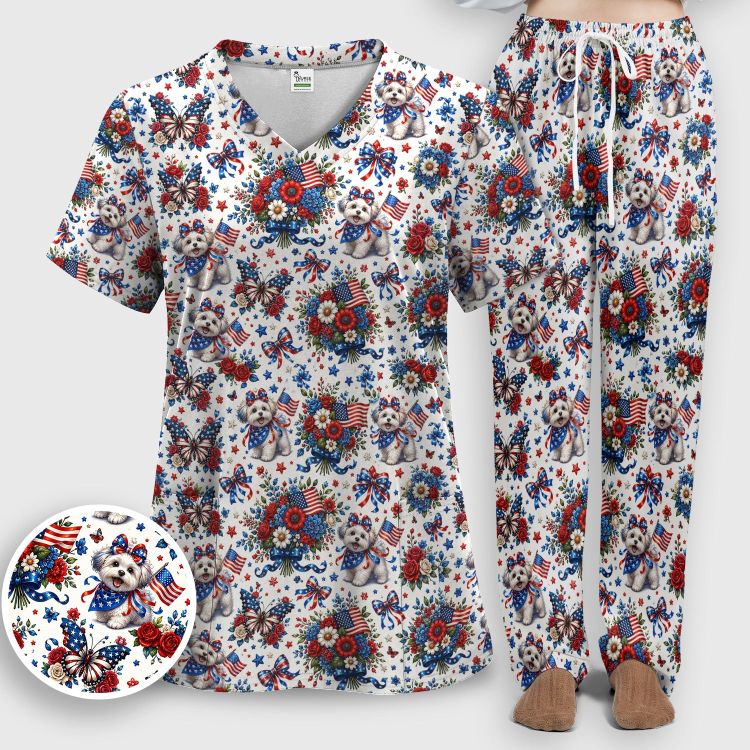 Patriotic Puppy Floral Bouquet Pattern Scrub Set, Scrub Pants and V Neck Top