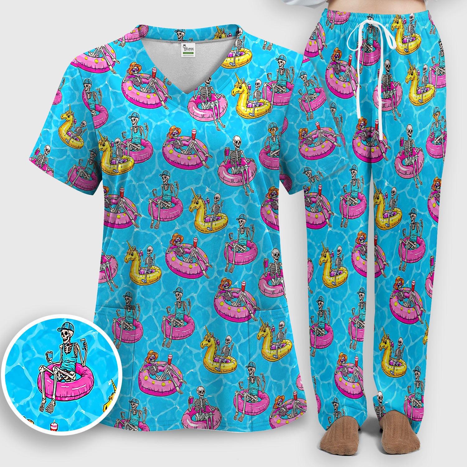 Summerween Skeleton with Pool Float Print Scrub Set, Scrub Pants and V Neck Top
