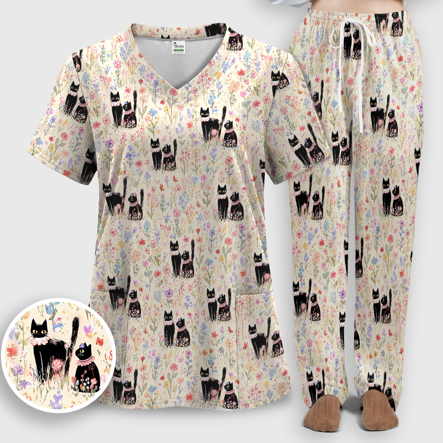 Cute Black Cats Wildflower Garden Pattern Scrub Set, Scrub Pants and V Neck Top