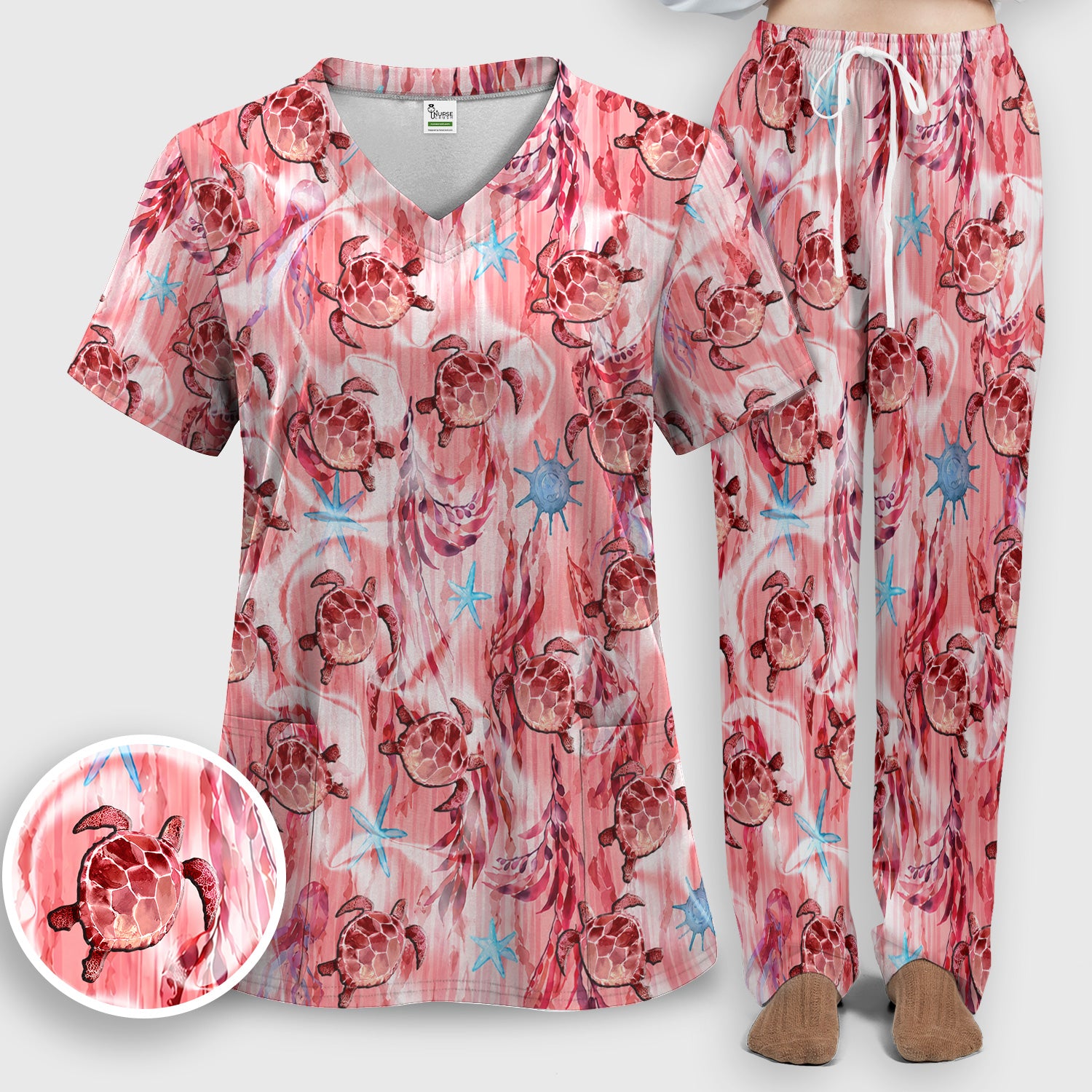 Pink Sea Turtle Ocean Pattern Scrub Set, Scrub Pants and V Neck Top