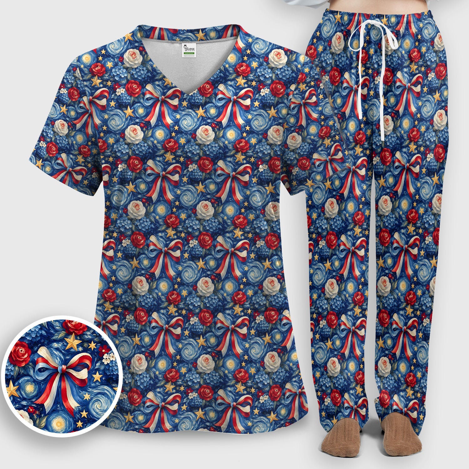 Patriotic Starry Bow Nurse for RN, CNA, Healthcare Workers Scrub Set, Scrub Pants and V Neck Top