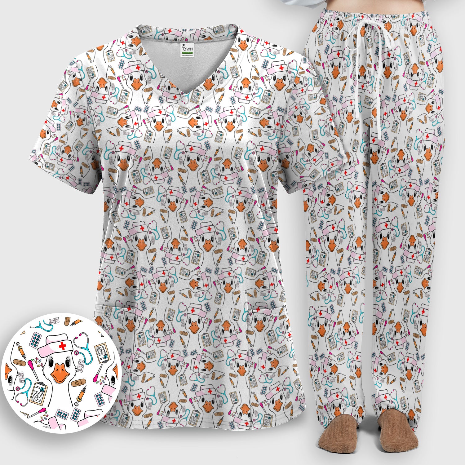 Duck Wearing Hat With Medical Tools Scrub Set, Breathable Med Uniform