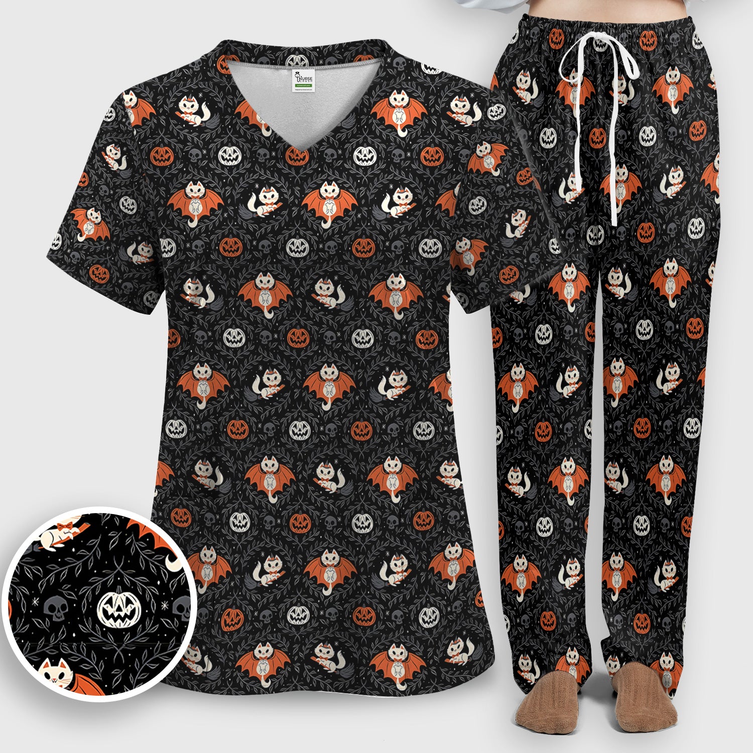 Cute Halloween Vampire Cat Pattern Scrub Set, Scrub Pants and V Neck Top