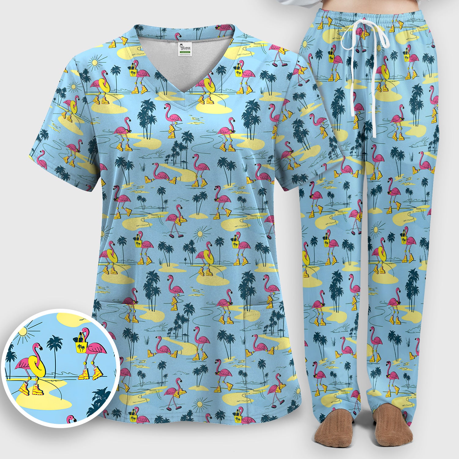 Retro Flamingo Nurse Print Scrub Set, Scrub Pants and V Neck Top