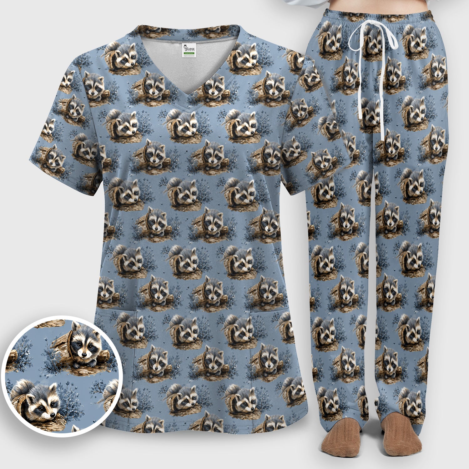 Cute Raccoon In Log Pattern Scrub Set, Scrub Pants and V Neck Top