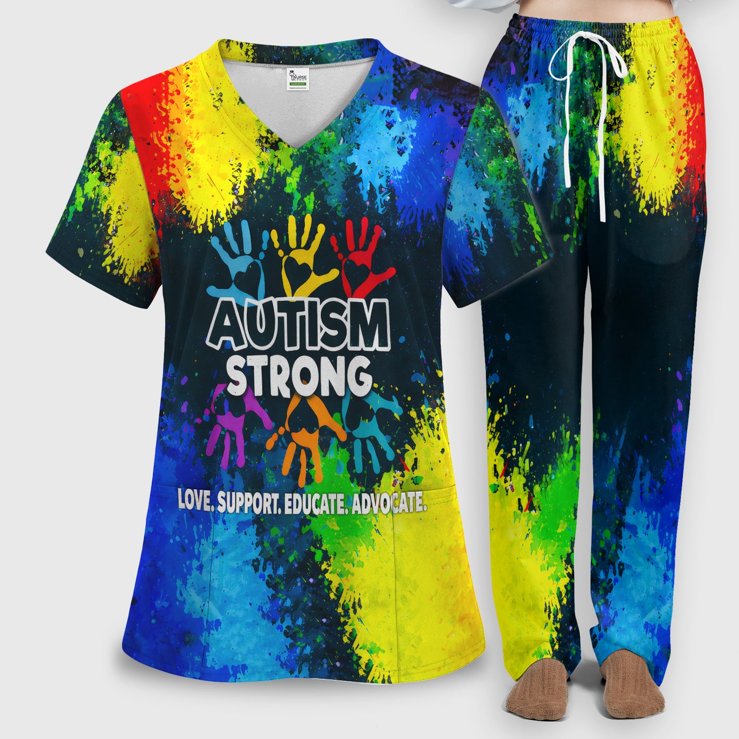 Autism Strong Colorful Handprint Scrub Set, Breathable Med Uniform