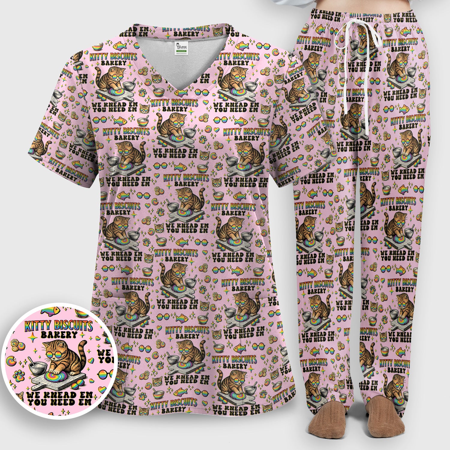 Pride Nurse Cat Baking Rainbow Dough Pattern Scrub Set, Women's Scrub Sets
