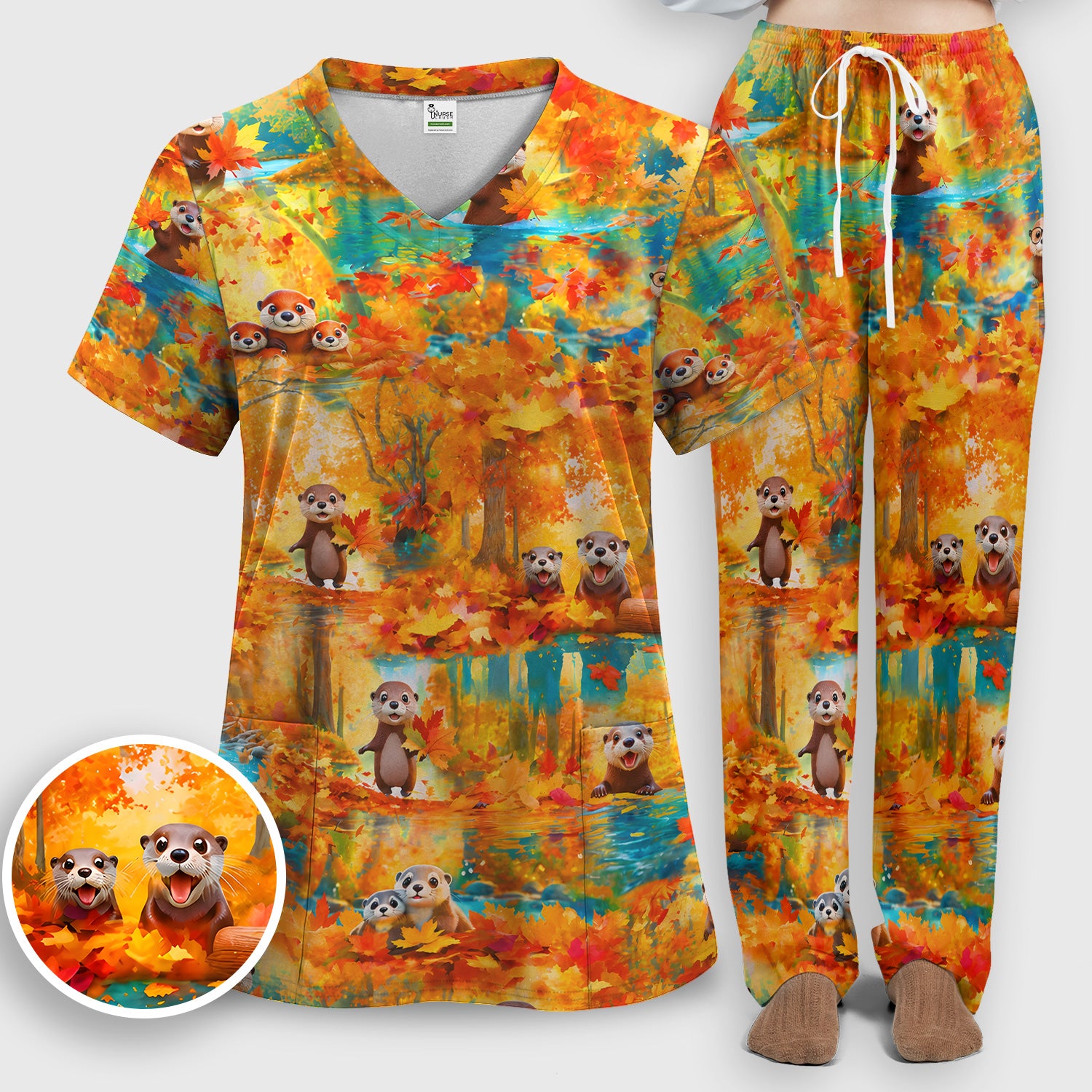 Cute Autumn Otter Leaf Forest Pattern Scrub Set, Scrub Pants and V Neck Top