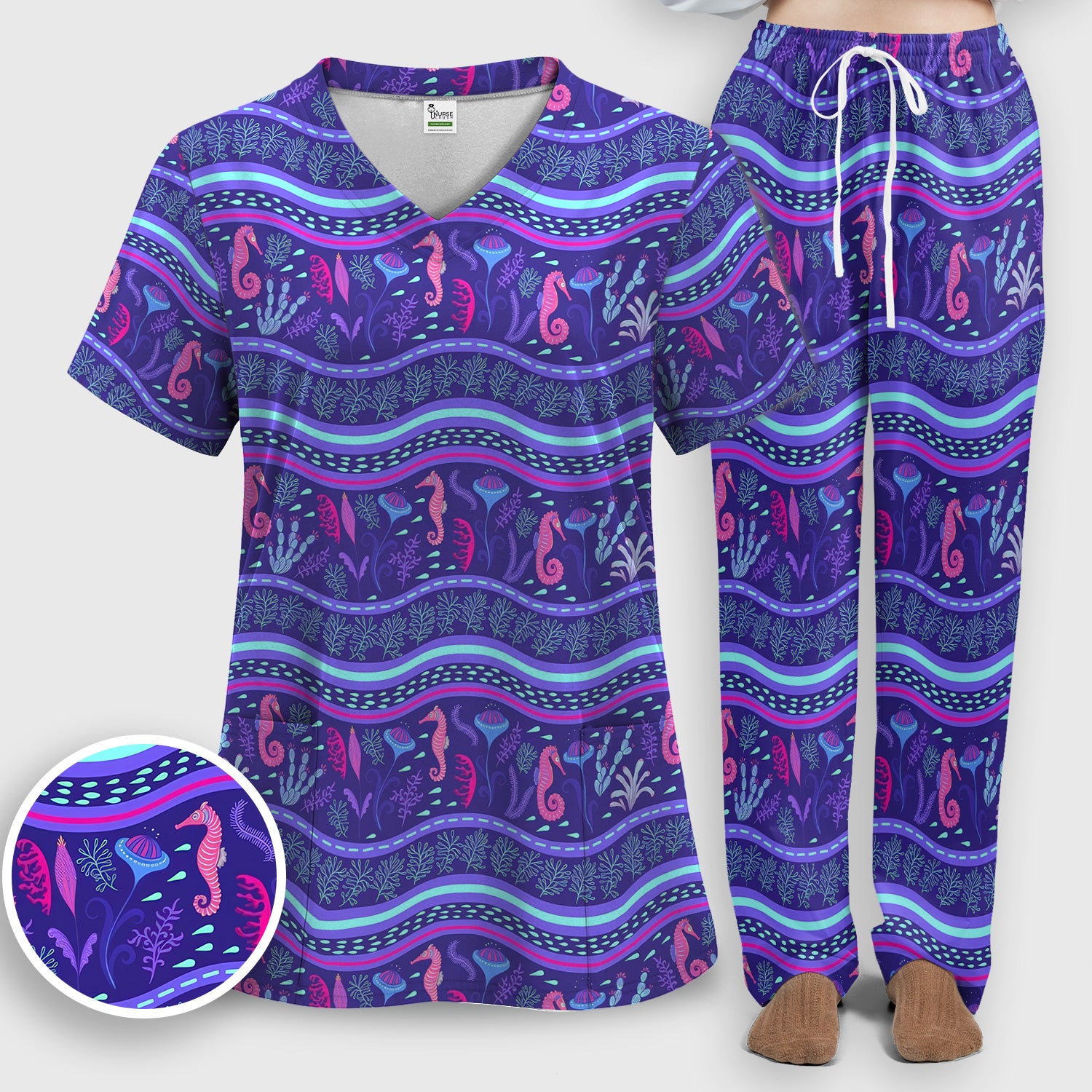 Purple Seahorse Ocean Pattern Scrub Set, Scrub Pants and V Neck Top