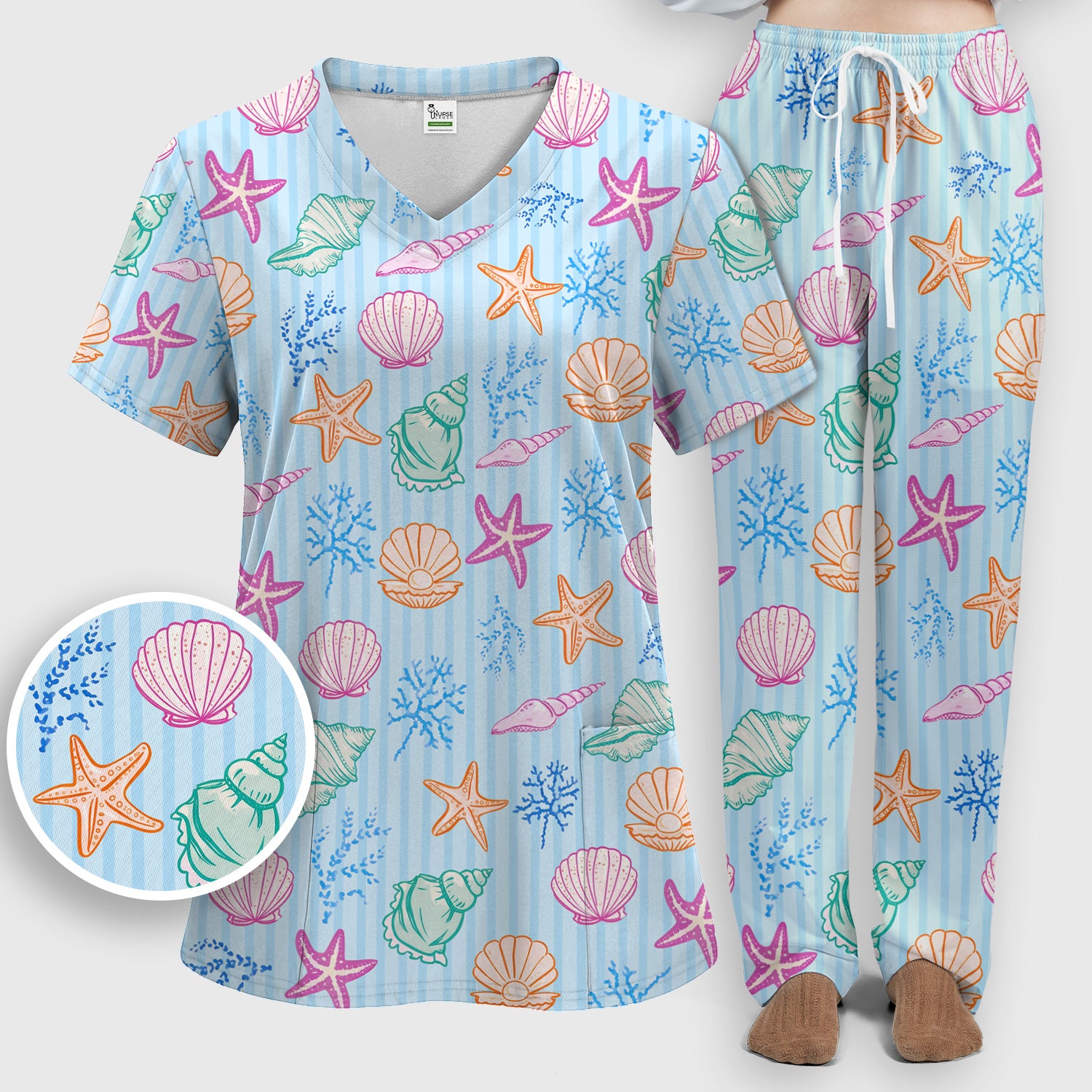 Colorful Seashell Starfish Ocean Stripe Pattern Scrub Set, Women's Scrub Sets