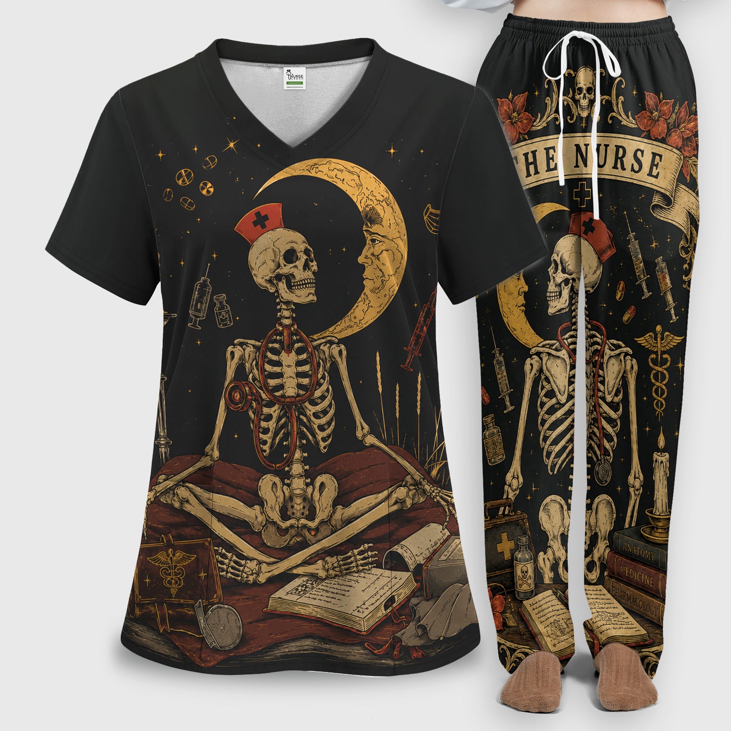 Breast Cancer Skeleton Nurse Scrub Set, Scrub Pants and V Neck Top