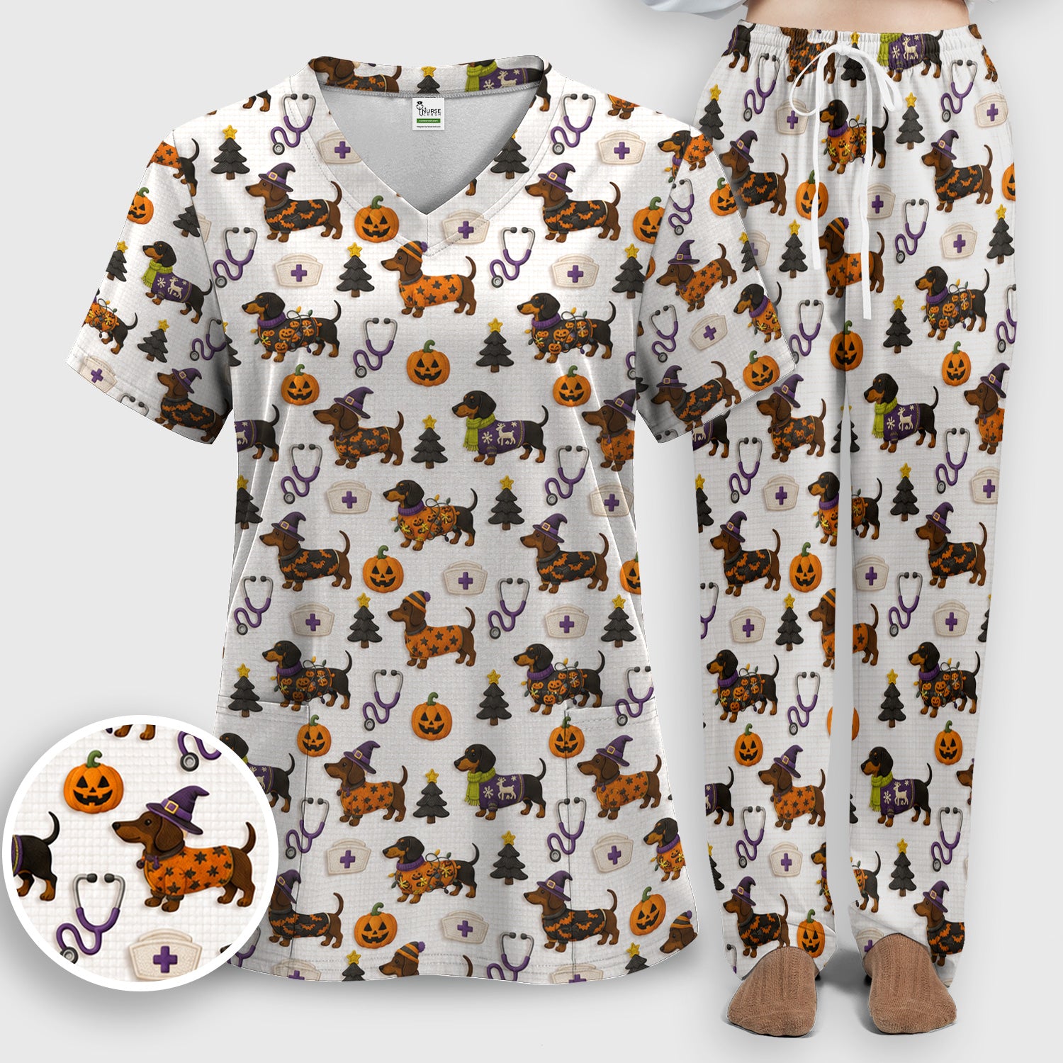 Halloween Dachshund with Pumpkin Stethoscope Print Scrub Set, Scrub Pants and V Neck Top