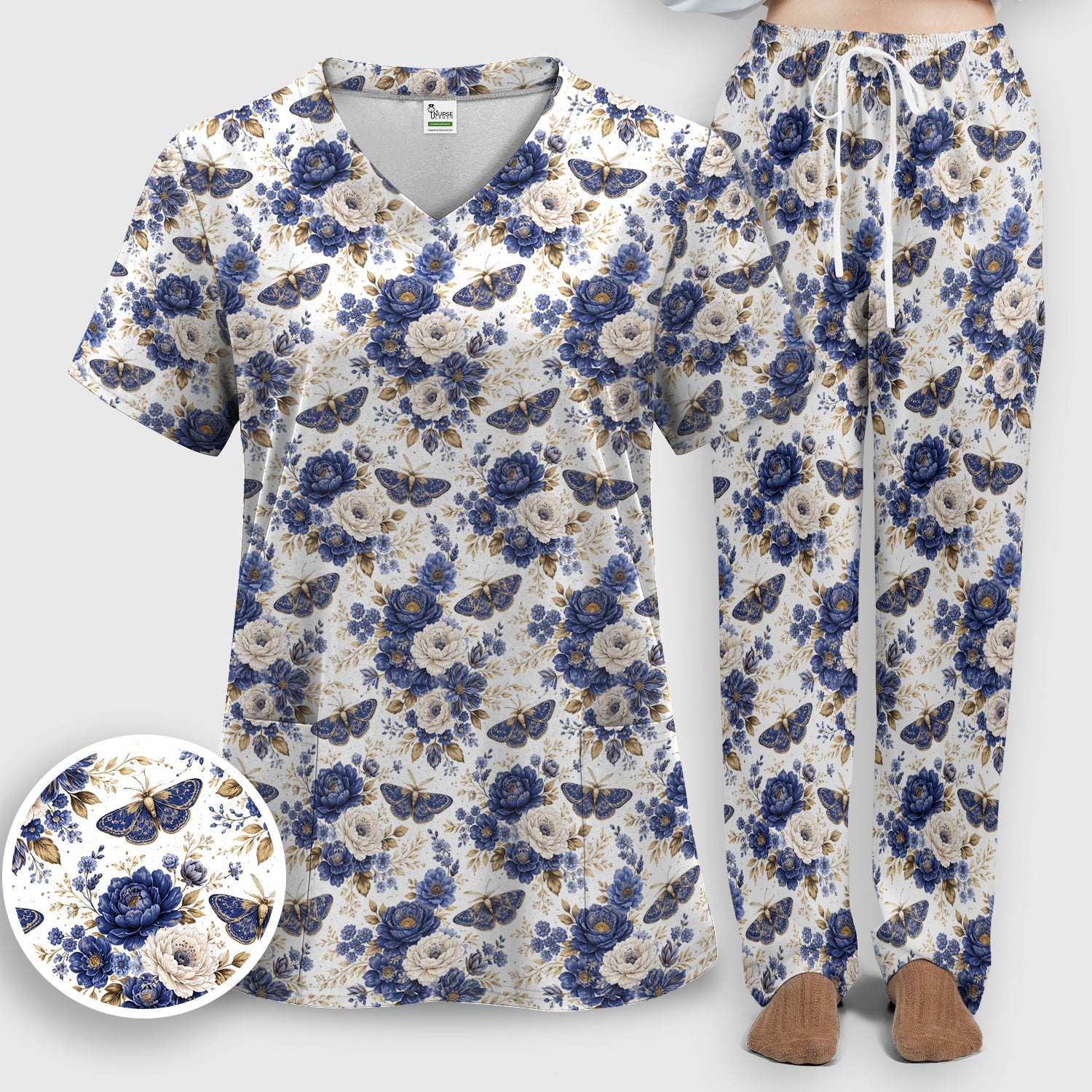 Cute Blue Floral Moth Pattern Scrub Set, Scrub Pants and V Neck Top