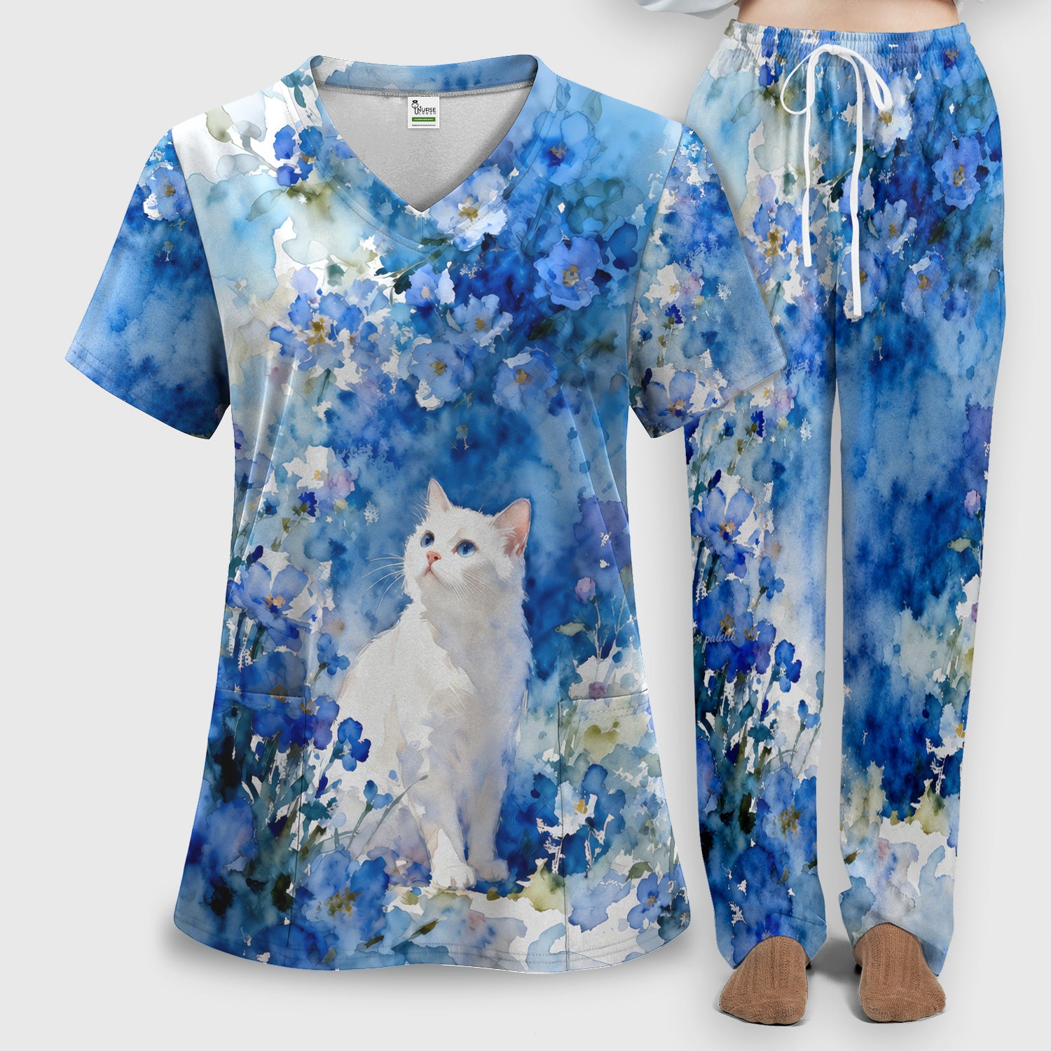 Adorable Blue Floral White Cat Pattern Scrub Set, Scrub Pants and V Neck Top