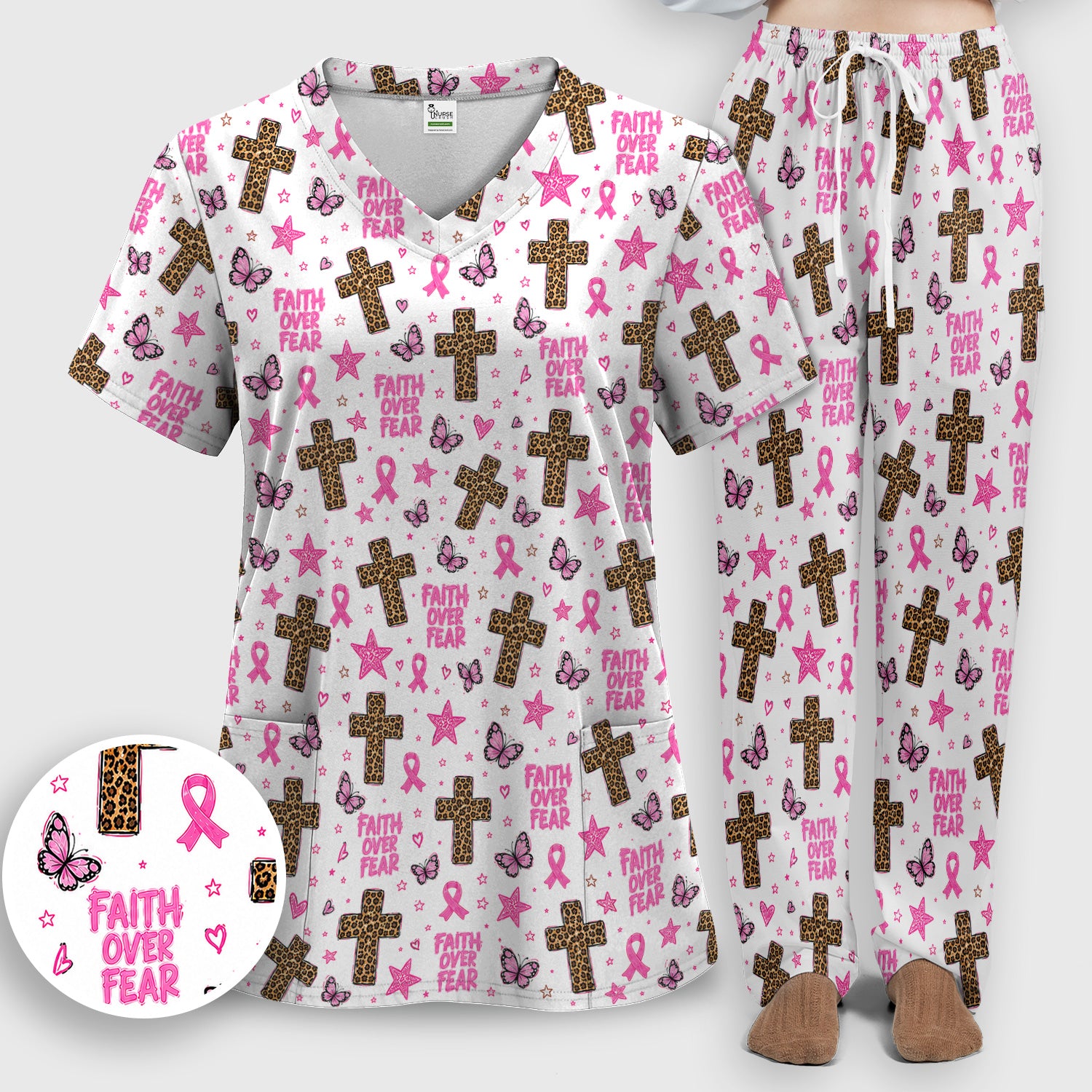 Faith Over Fear Breast Cancer Scrub Set, Scrub Pants and V Neck Top