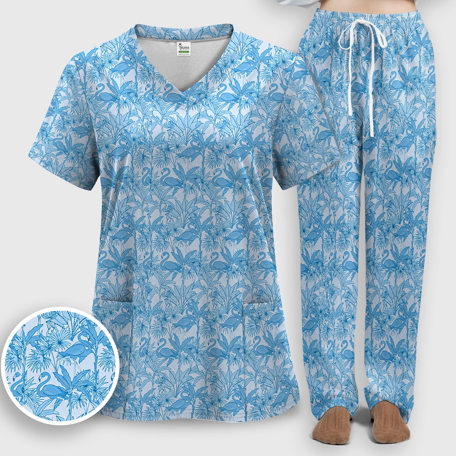 Tropical Flamingo Palm Leaves Pattern Scrub Top, Breathable Fabrics Nursing Uniform
