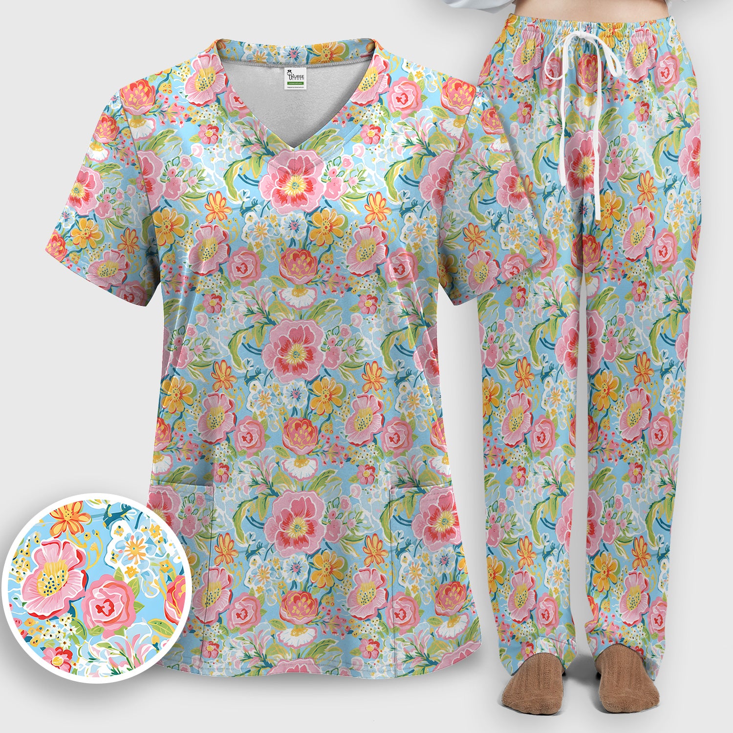 Pastel Tropical Floral Garden Pattern Scrub Set, Scrub Pants and V Neck Top