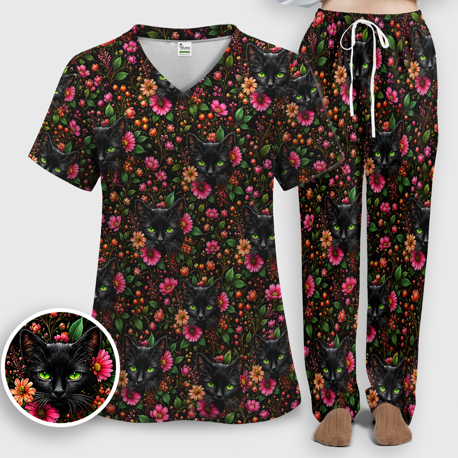 Adorable Black Cat Blossom Pattern Scrub Set, Scrub Pants and V Neck Top