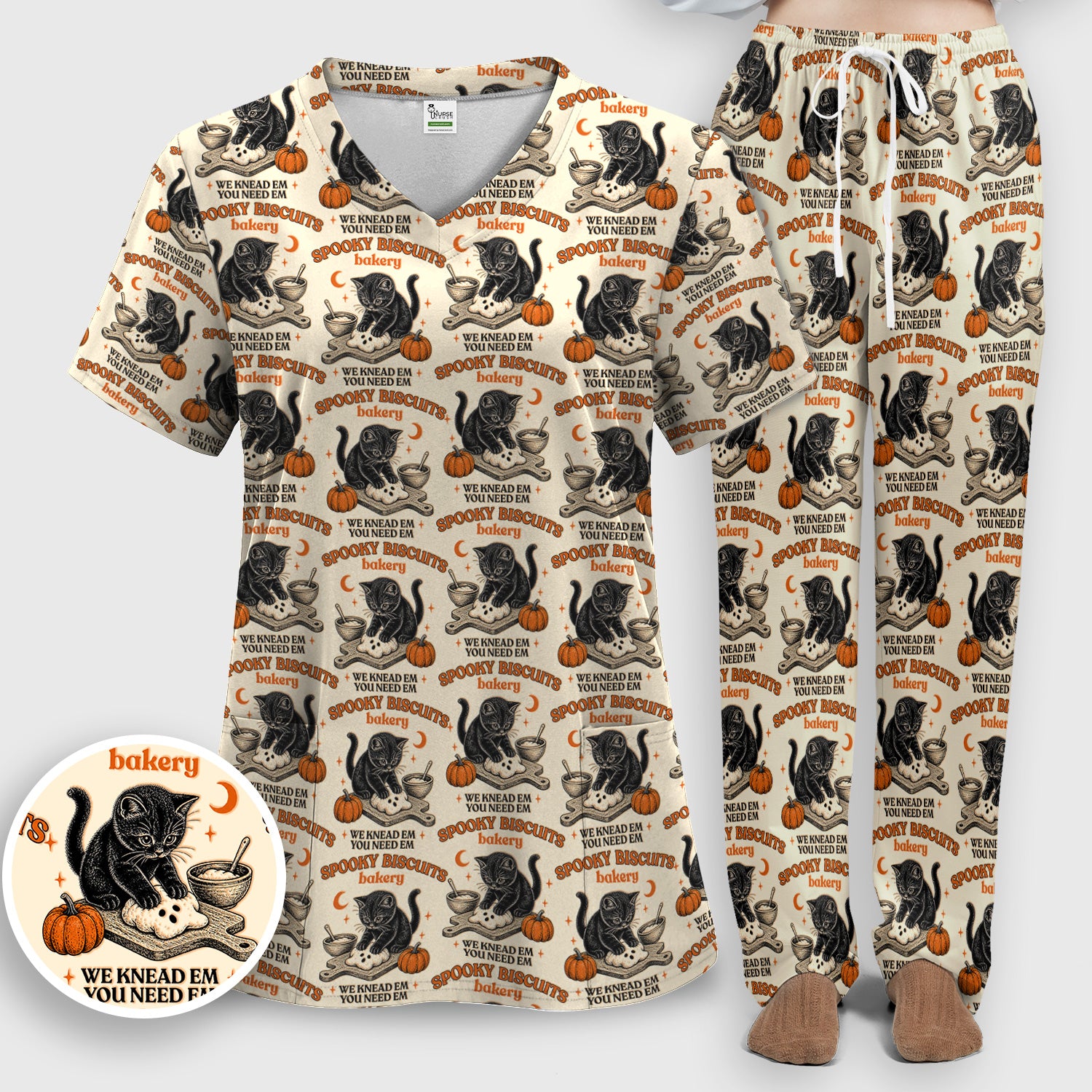 Funny Halloween Black Cat Scrub Set, Scrub Pants and V Neck Top