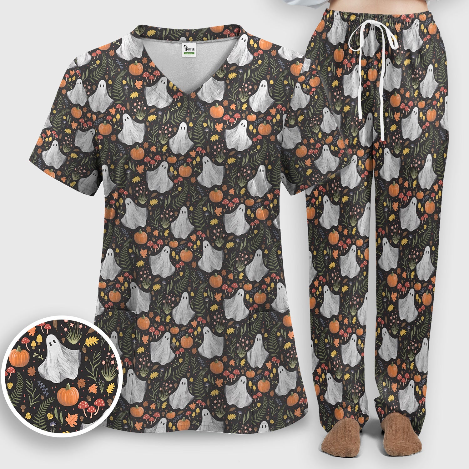 Pumpkin Woodland Pattern Scrub Set, Scrub Pants and V Neck Top