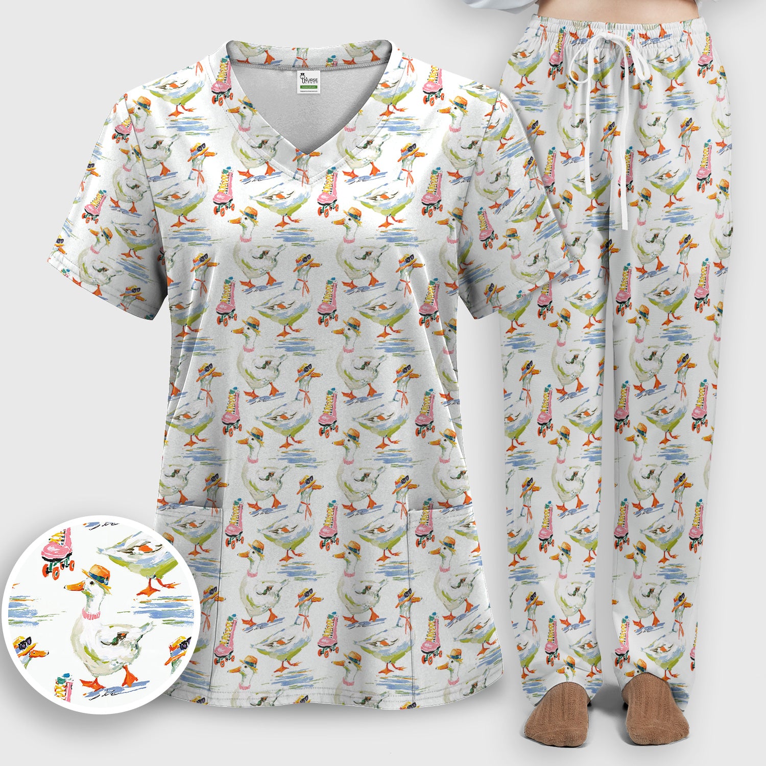 Roller Skating Goose Nurse Pattern Scrub Set, Scrub Pants and V Neck Top