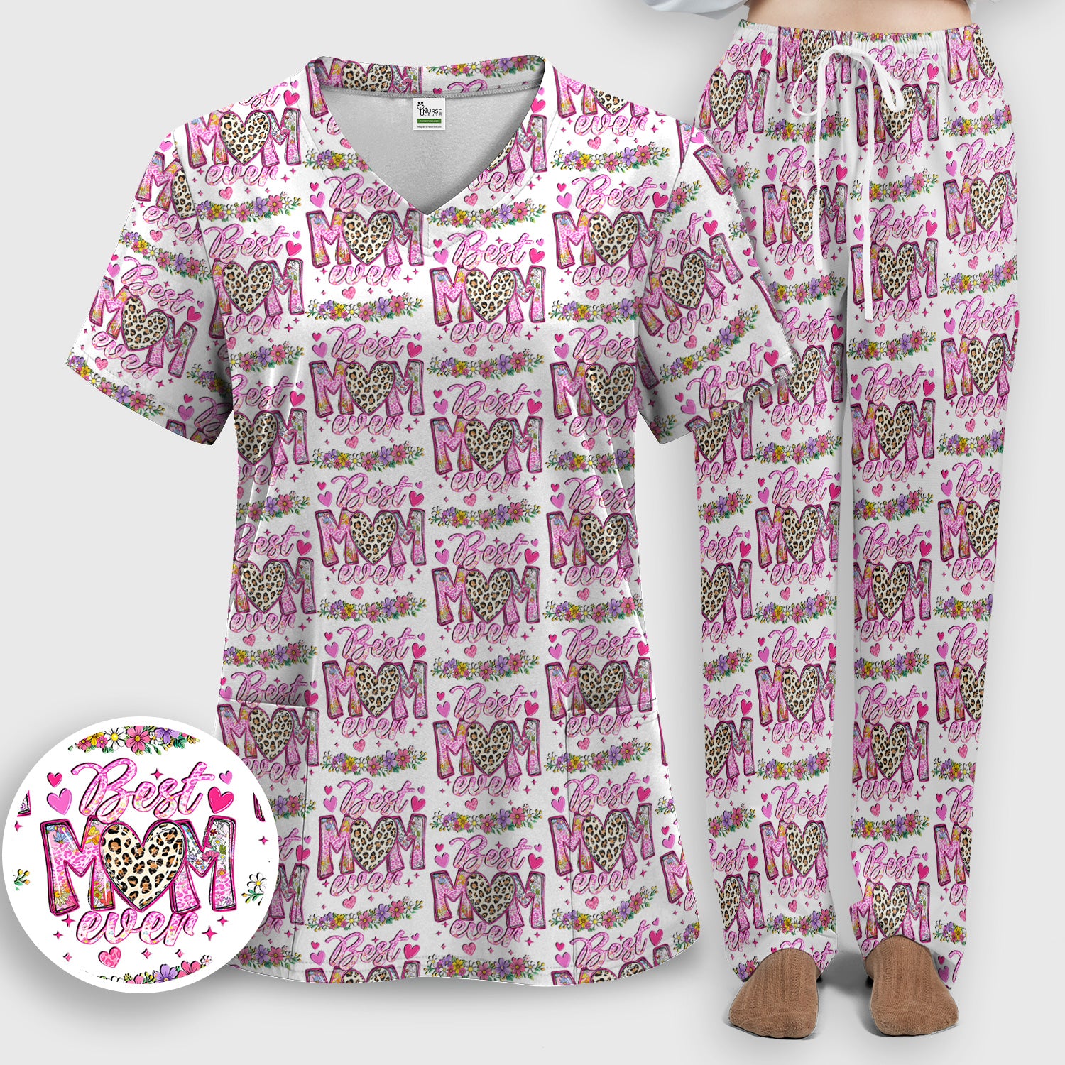 Best Mom Ever Leopard Heart Floral Pattern Scrub Set, Nurse Uniform Scrubs Set