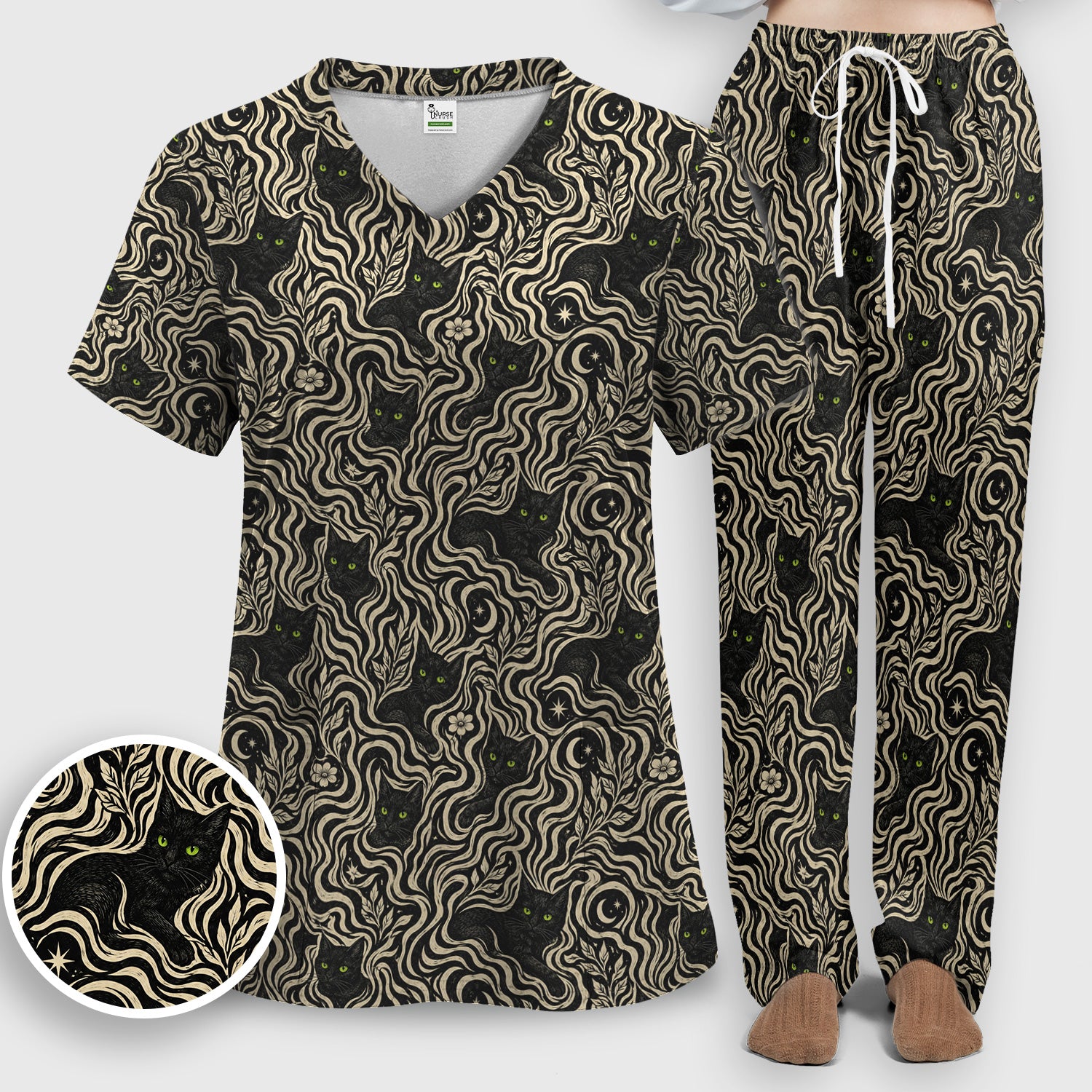 Mystical Black Cat Moonlit Pattern Scrub Set, Scrub Pants and V Neck Top