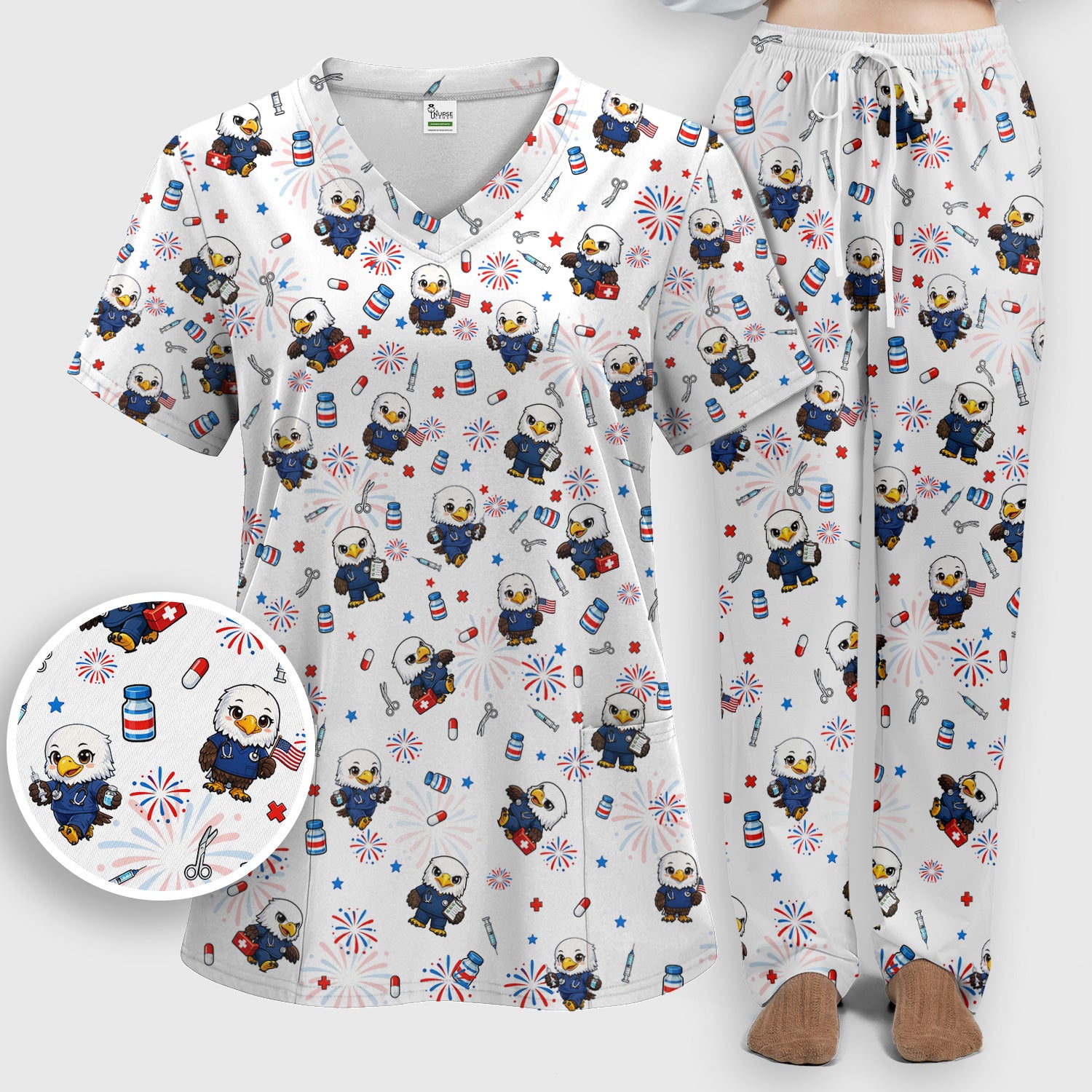 Patriotic Nurse Eagle Fireworks Medical Pattern Scrub Set, Women's Scrub Sets