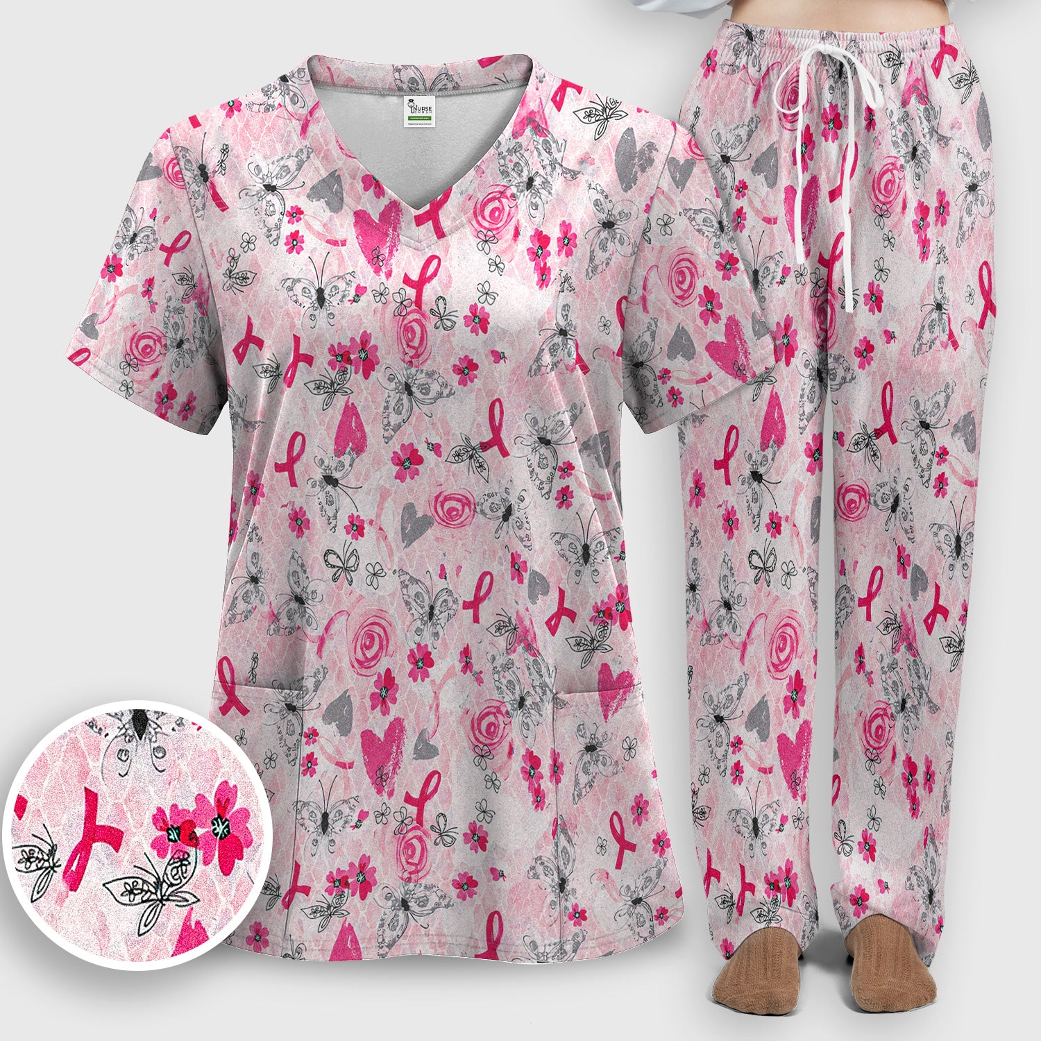 Breast Cancer Awareness Butterfly Floral Scrub Set, Scrub Pants and V Neck Top