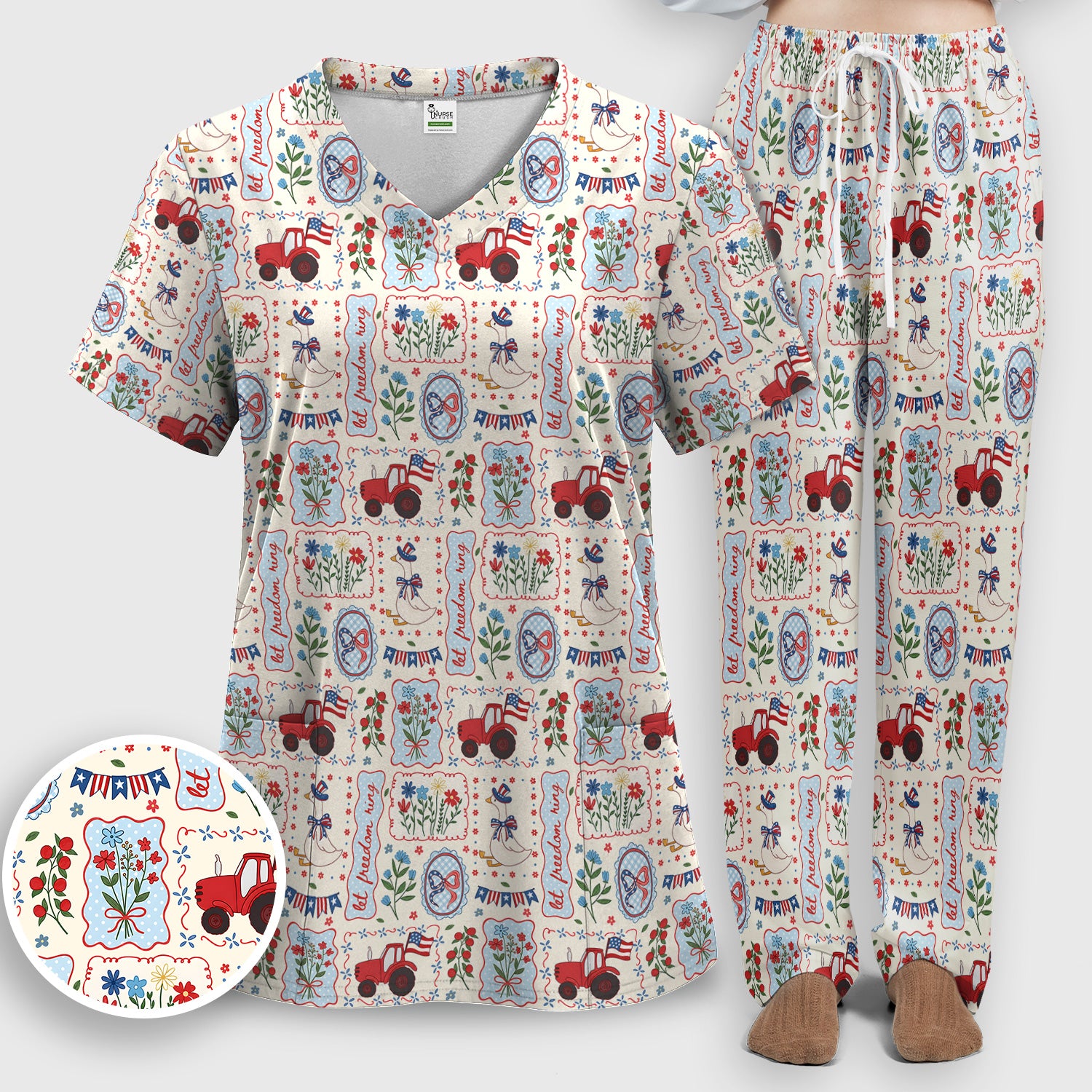 Patriotic Farm Goose Nurse Scrub Top for RN, CNA, Healthcare Workers, Americana Uniform Scrub Set, Scrub Pants and V Neck Top