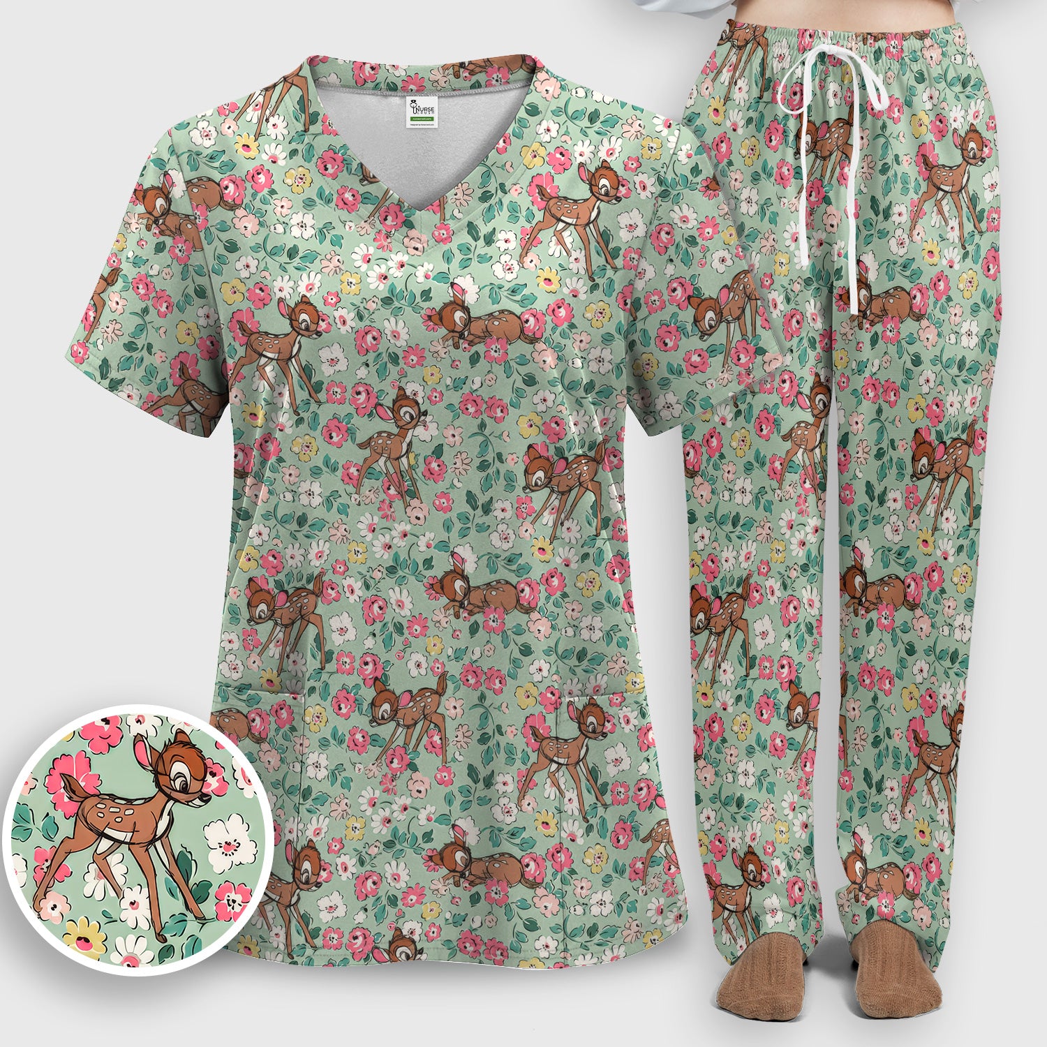 Cute Baby Deer Floral Pattern Scrub Set, Scrub Pants and V Neck Top