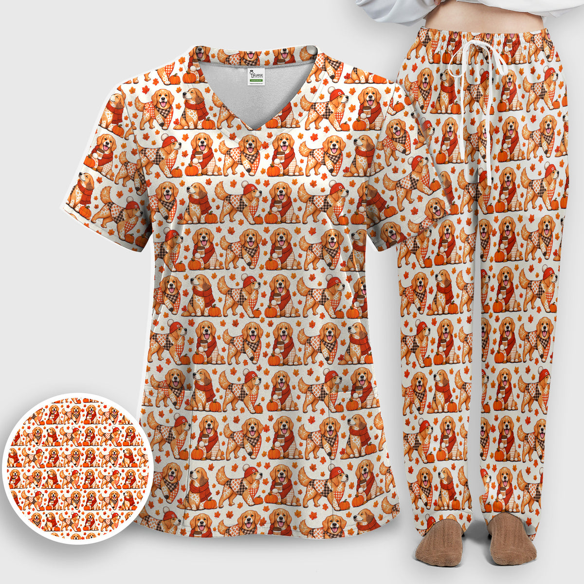 Fall Golden Retriever And Pumpkin Scrub Set, Scrub Pants and V Neck Top