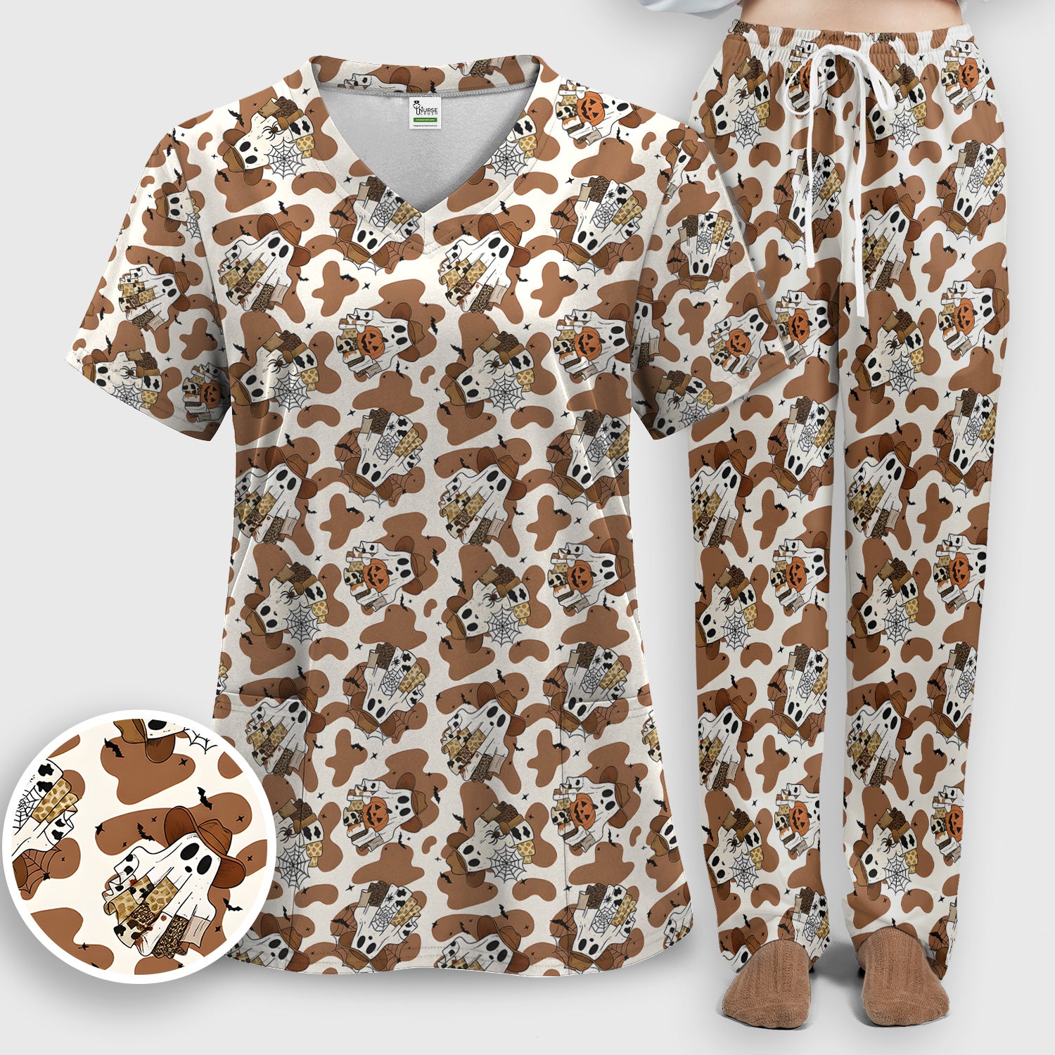 Halloween Cow Ghost Print Scrub Set, Scrub Pants and V Neck Top