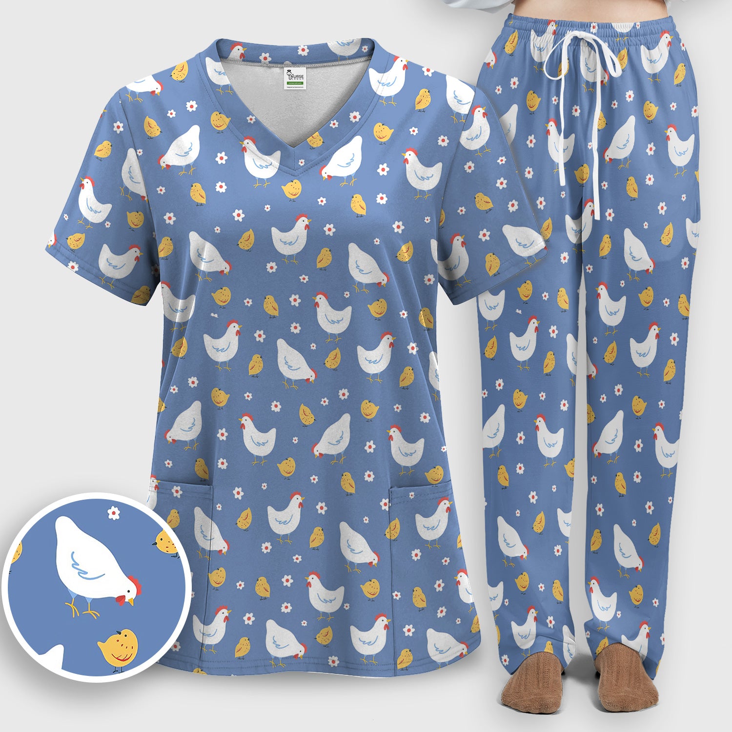 Chicken And Cute Chicks Pattern Scrubs Sets, Scrub Pants and V Neck Top