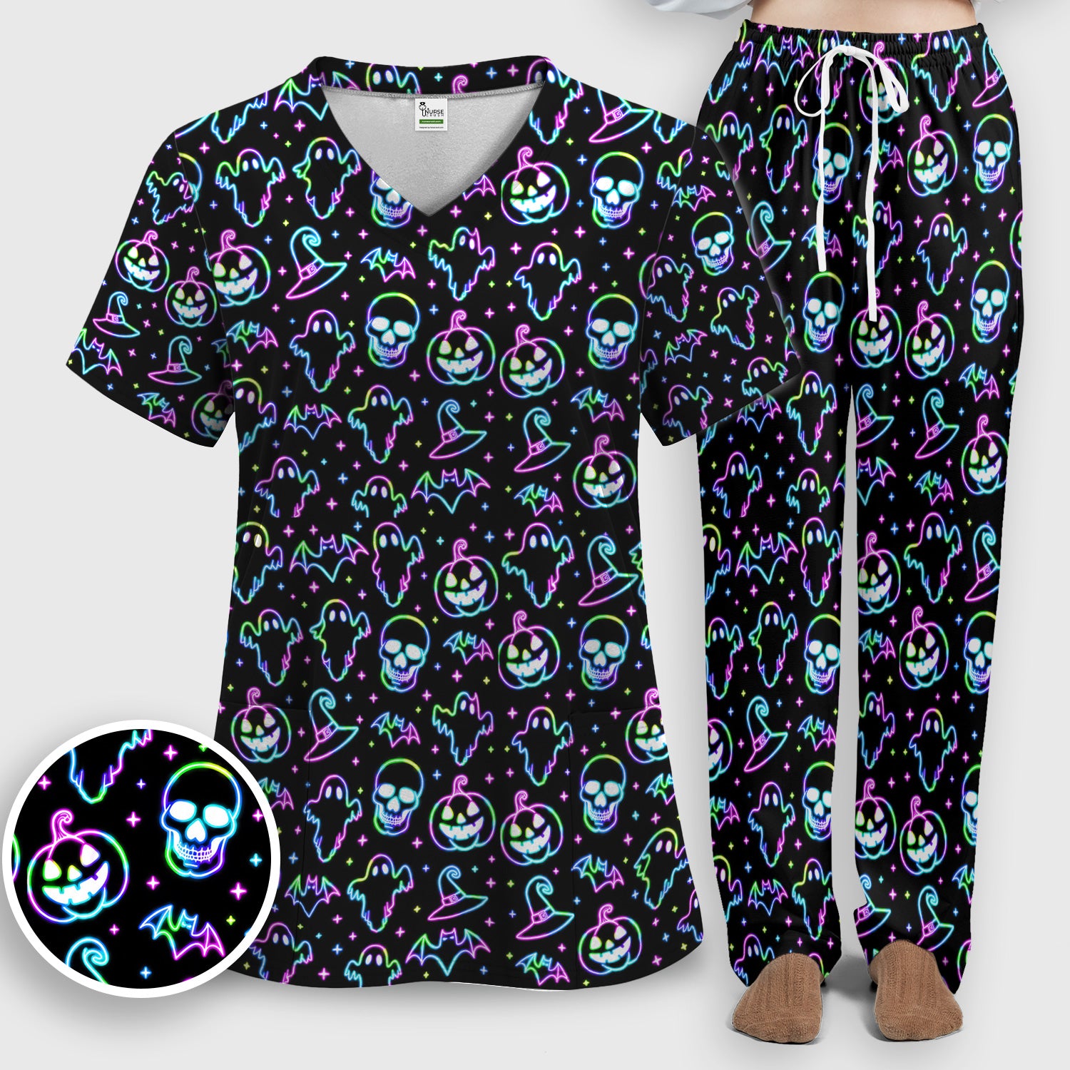 Pumpkin Skull Spooky Print Scrub Set, Scrub Pants and V Neck Top
